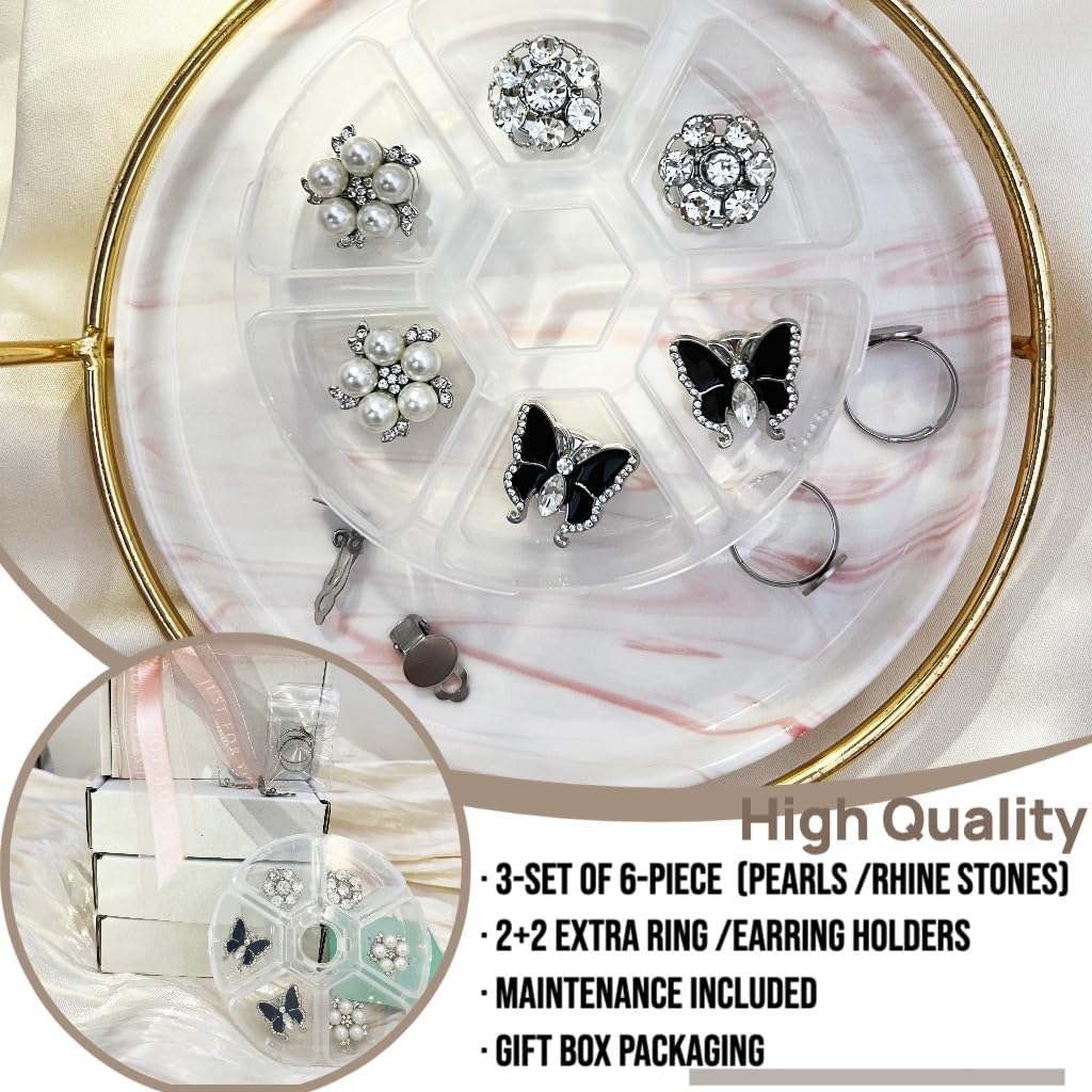 Elegant Button Covers for Women Blouses – 6PCS Clip-On Rhinestone & Pearl &Butterfly Shirt Button Covers, 3 in 1 Convertible -15mm(Silver)