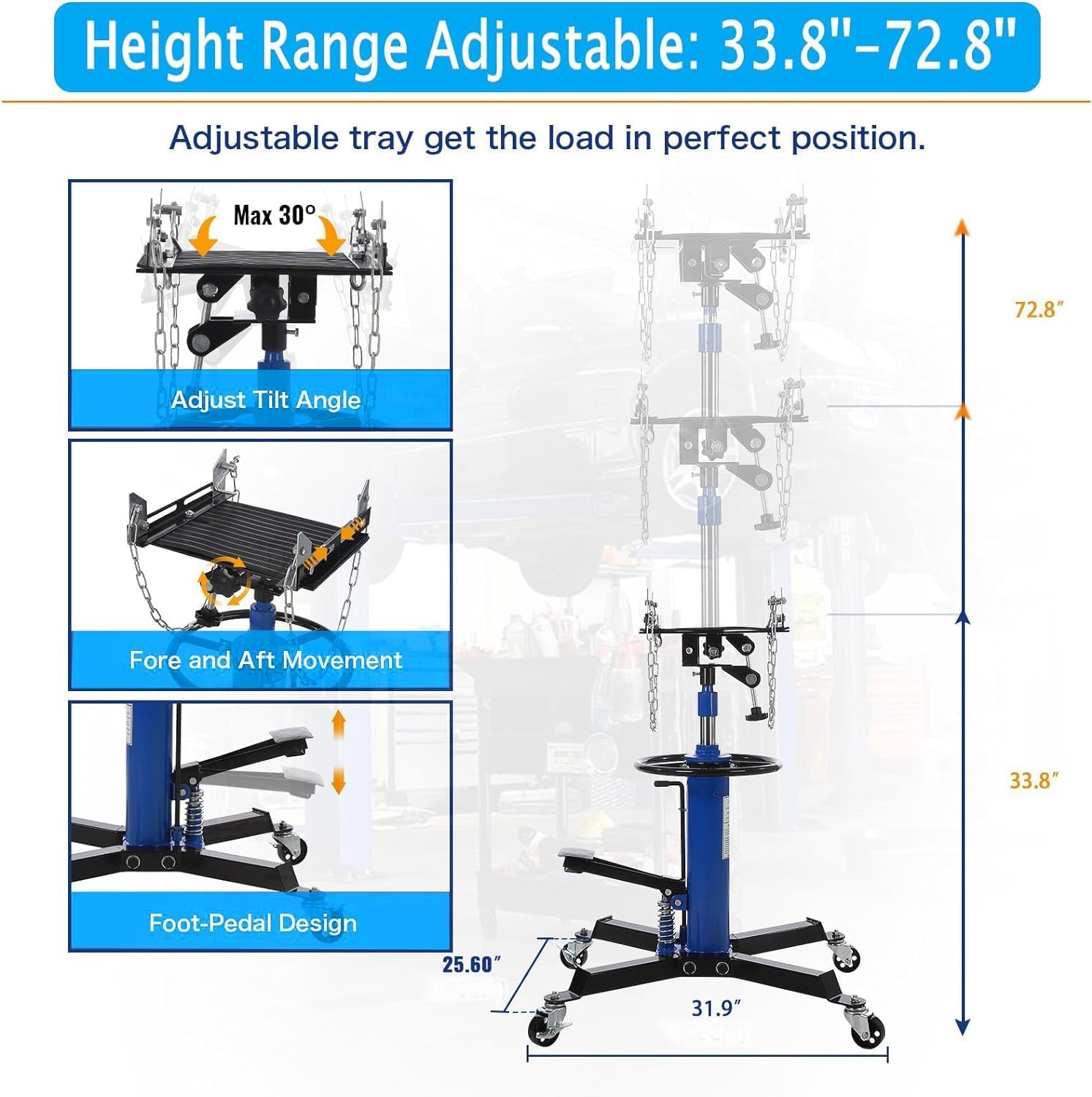 Transmission Jack.1322lbs& 2 Stage Adjustable Telescoping Hydraulic high Lift Jack, Floor Jack Stand with Foot Pedal and 360° Swivel Wheel, Garage/Workshop/Car Lift (Blue)