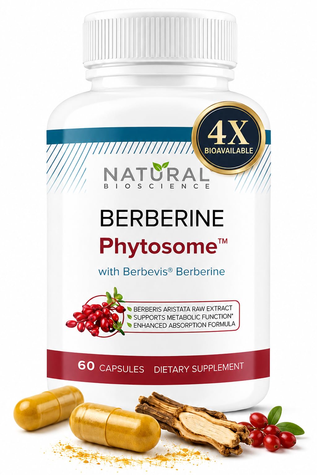 Berberine Phytosome with Berbevis, 550mg Enhanced Absorption Supplement for Metabolic Support & Heart Health, Highly Bioavailable Berberine Complex, Gluten-Free, Non-GMO, 60 Vegetarian Capsules