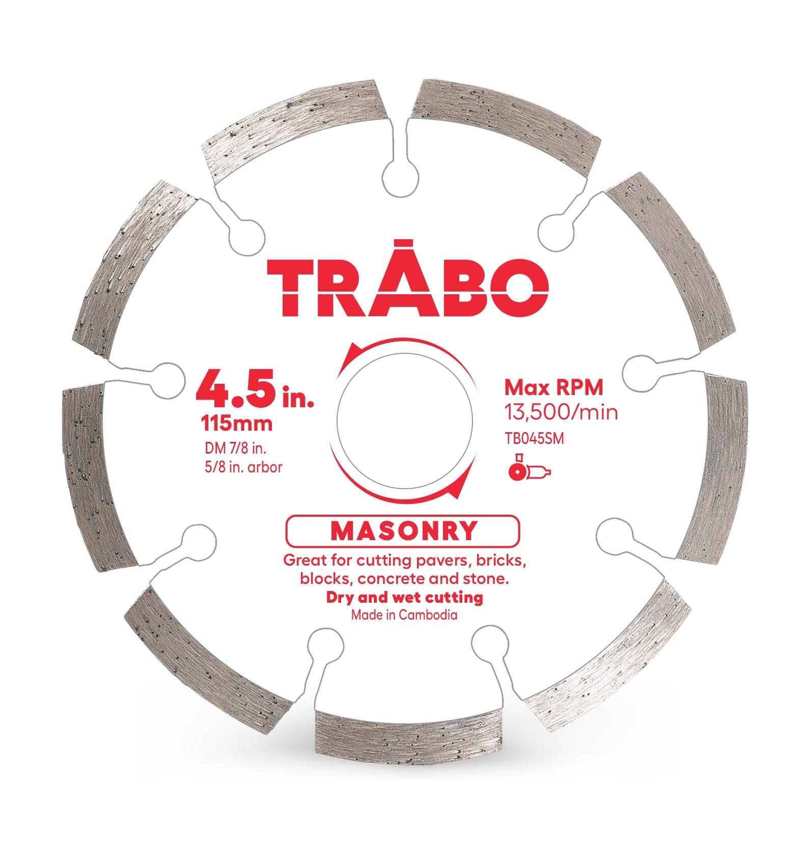 Trabo 4.5 Inch Masonry Segmented Rim Diamond Bond Blade for Cutting Cement, Pavers, Concrete with Rebar, Natural Stone and More, with 7/8 Inch Arbor with 5/8 Inch Reducer Ring