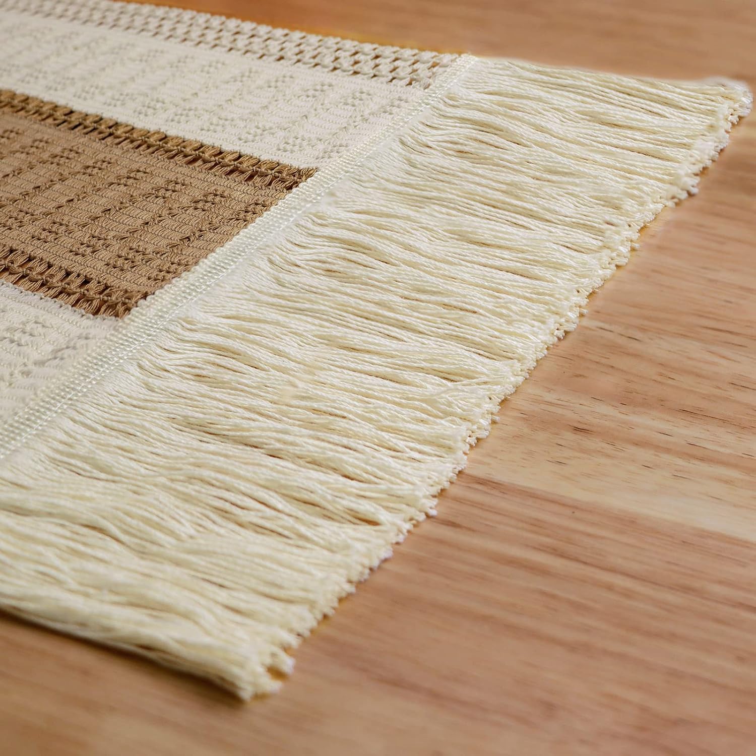 AerWo Splicing Macrame Table Runner Woven Table Runner Farmhouse Style with Tassels, Boho Table Runner for Wedding Bridal Shower Home Dining Table Decor, 12 x 72 Inch