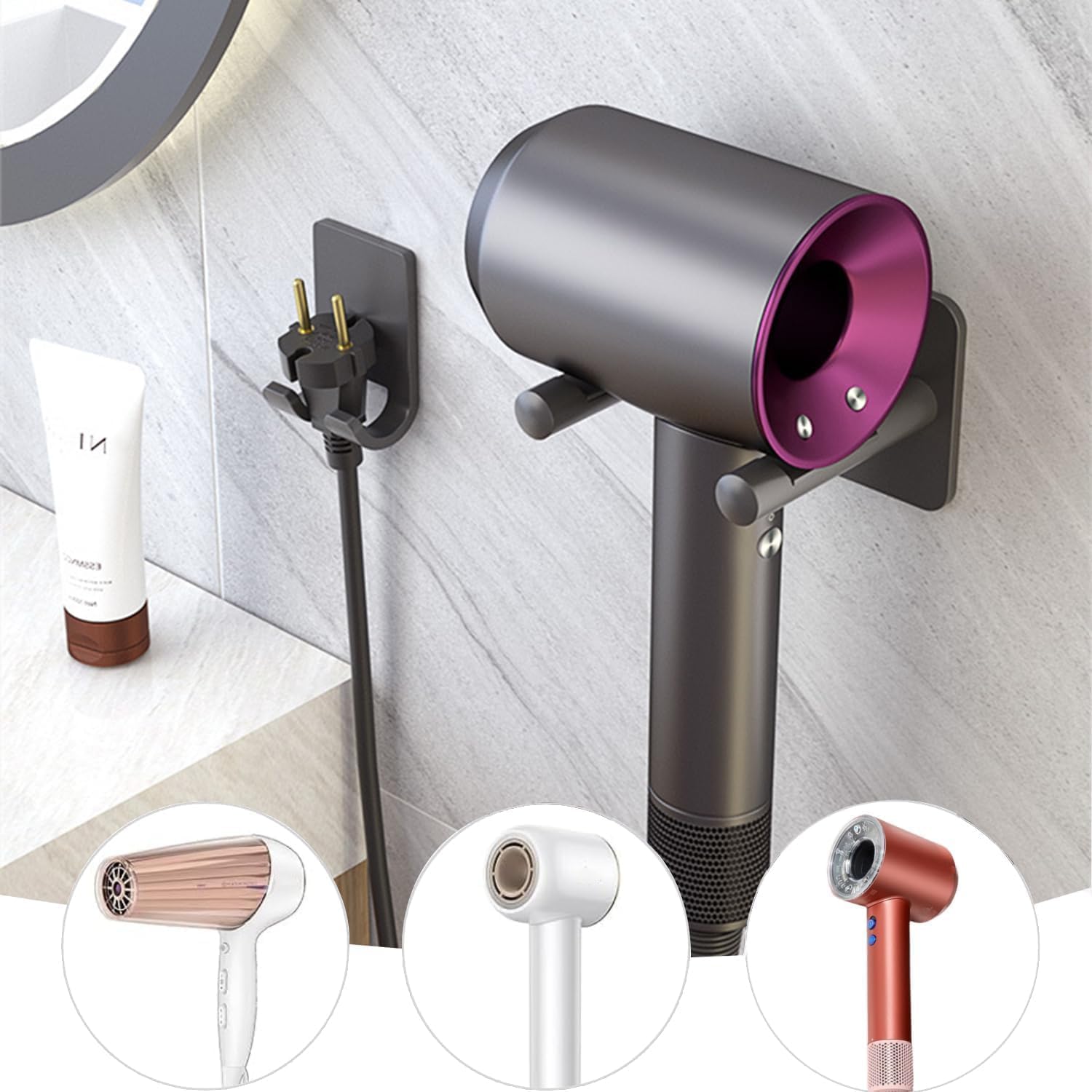 Soporte para Secador de Pelo de Pared sin Taladro, Organizador de Baño de Aluminio, Gris