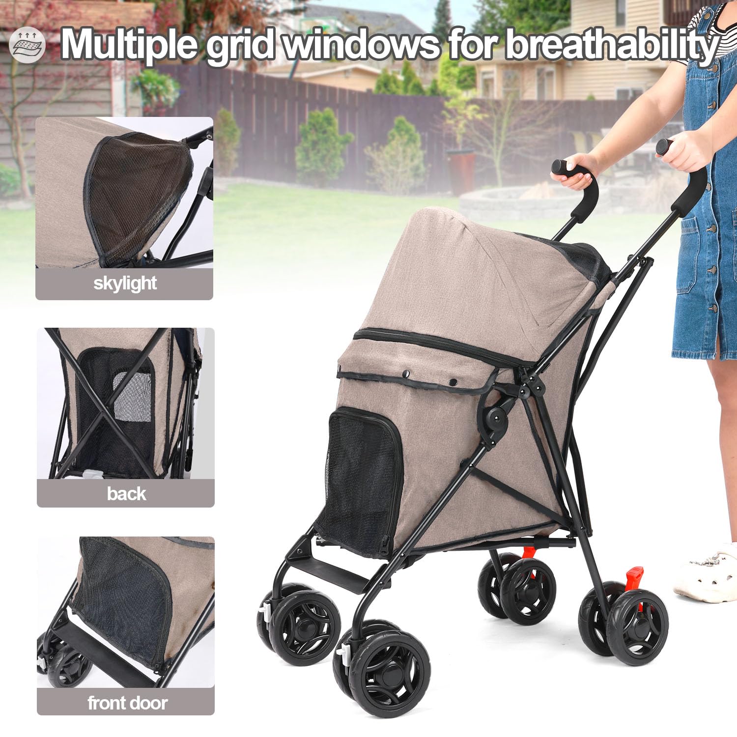 Poussette pour chiens de taille moyenne, poussette pliable pour chiots de petite taille jusqu'à 15 kg, 4 roues avec porte-gobelet, roues avant rotatives à 360° pour promenade en plein air