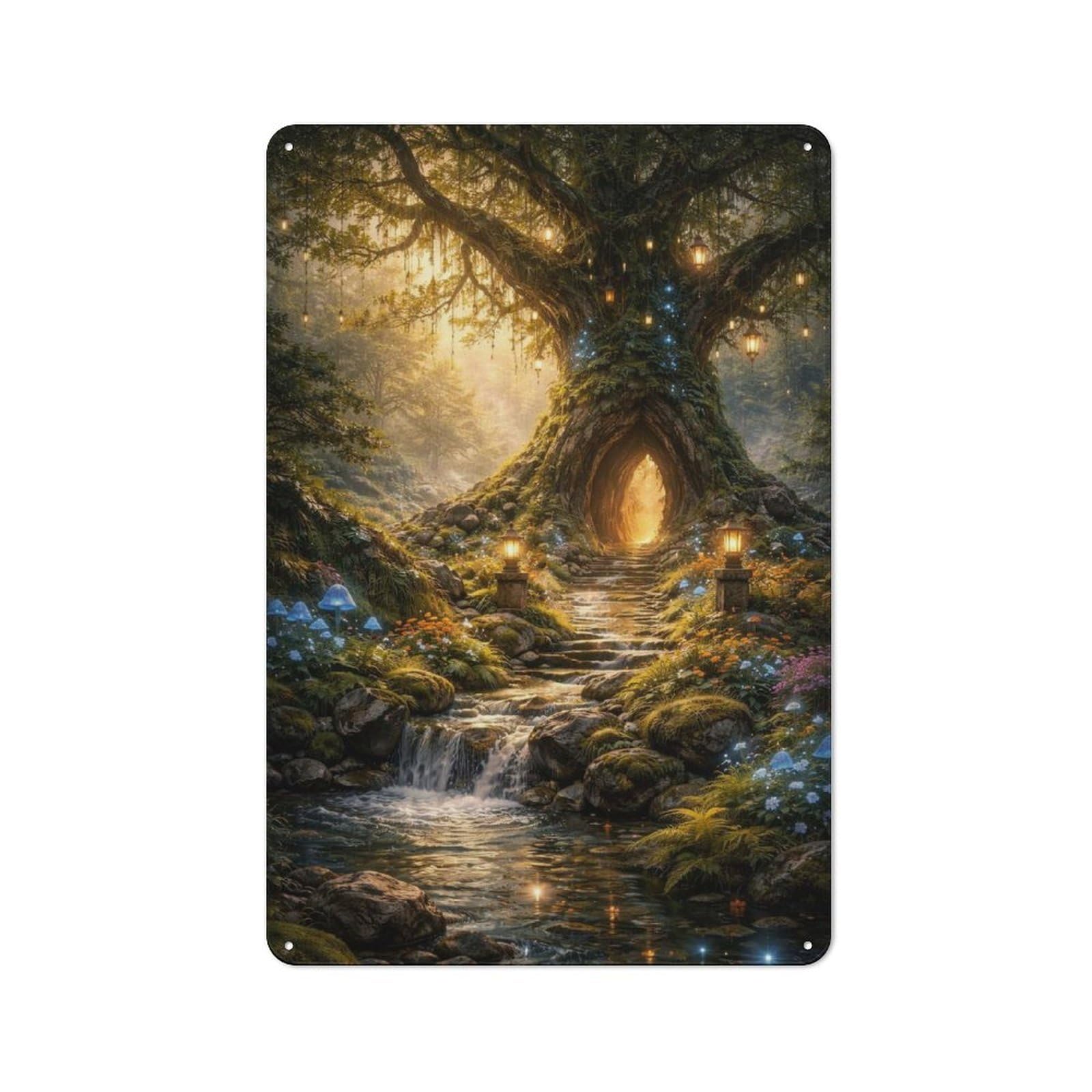 Junmoney Style-2 Rustic Forest Entrance With Glowing Mushrooms Tin Wall Plaque 30X20cm, Rustic Kitchen Decor For Cottage, Kitchen, Hallway Or Breakfast Nook