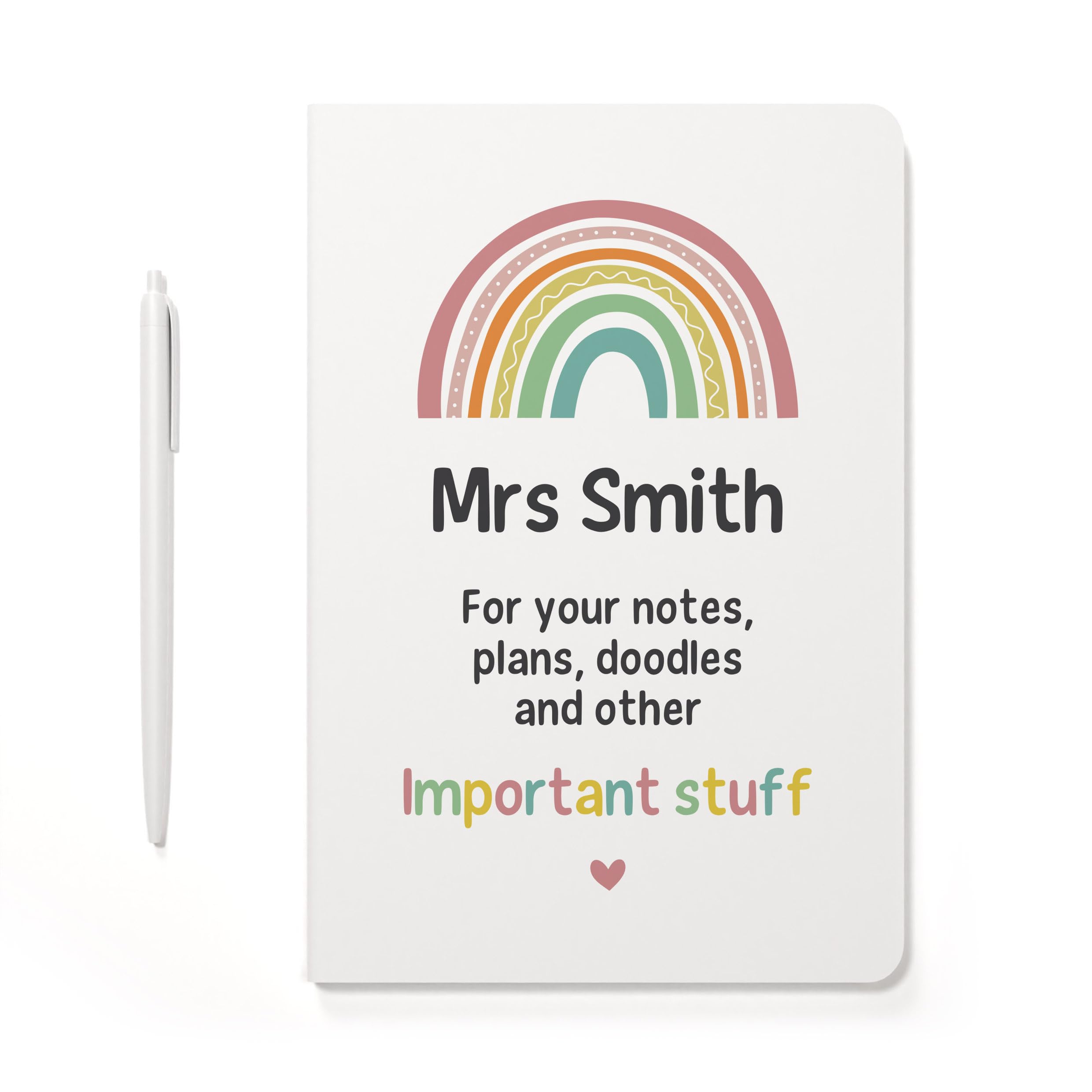 Beecreative Personalised Teacher Rainbow Notebook Gifts - Female Teacher End Of School Appreciation Gift - White A5 Lined Notepad And Pen