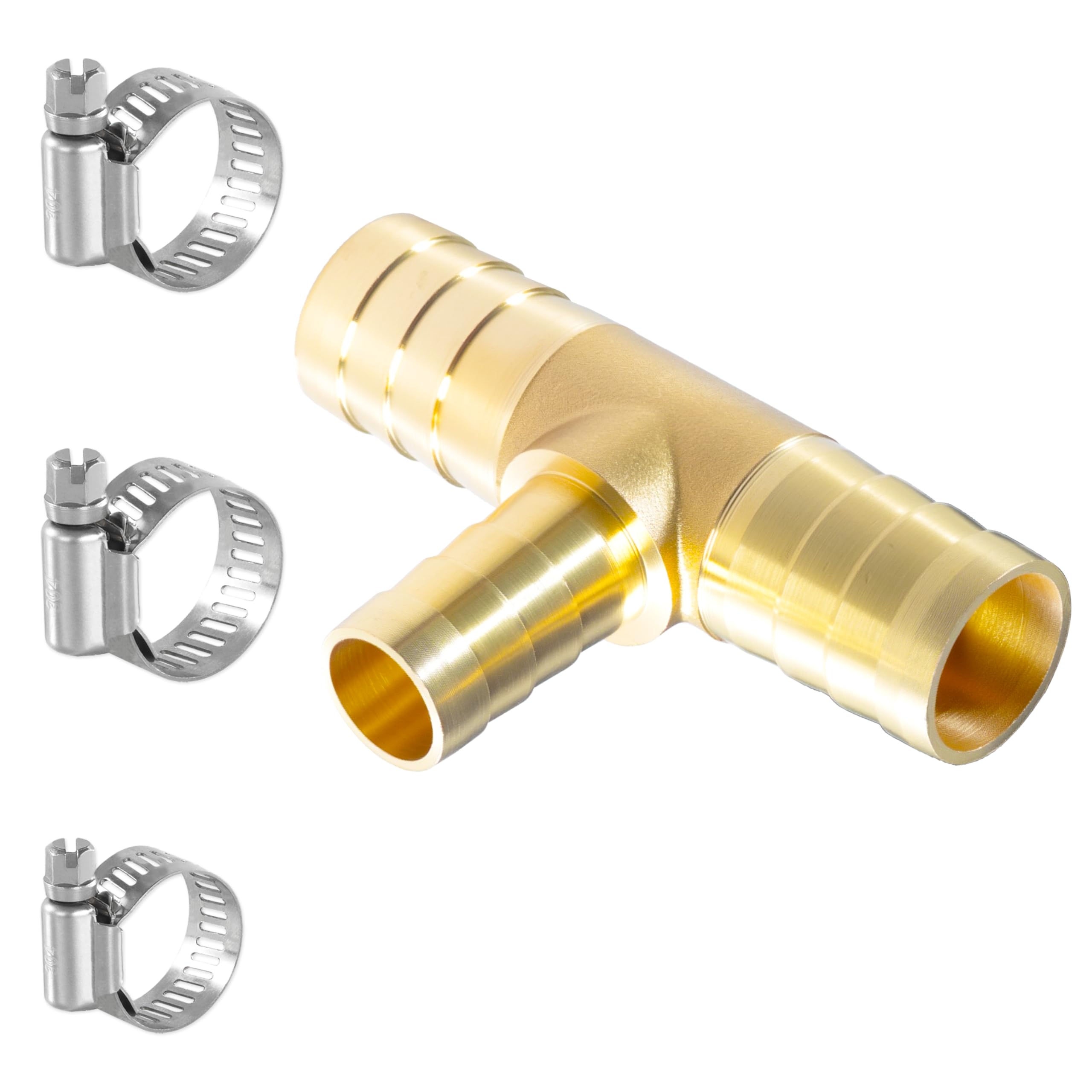 Sctihwelire Brass Reducing Tee Hose Barb Fitting 3-Way T Adapter, 5/8 (16mm) to 1/2 (12mm) to 5/8 (16mm) Splicer Mender Reducing with Stainless Steel