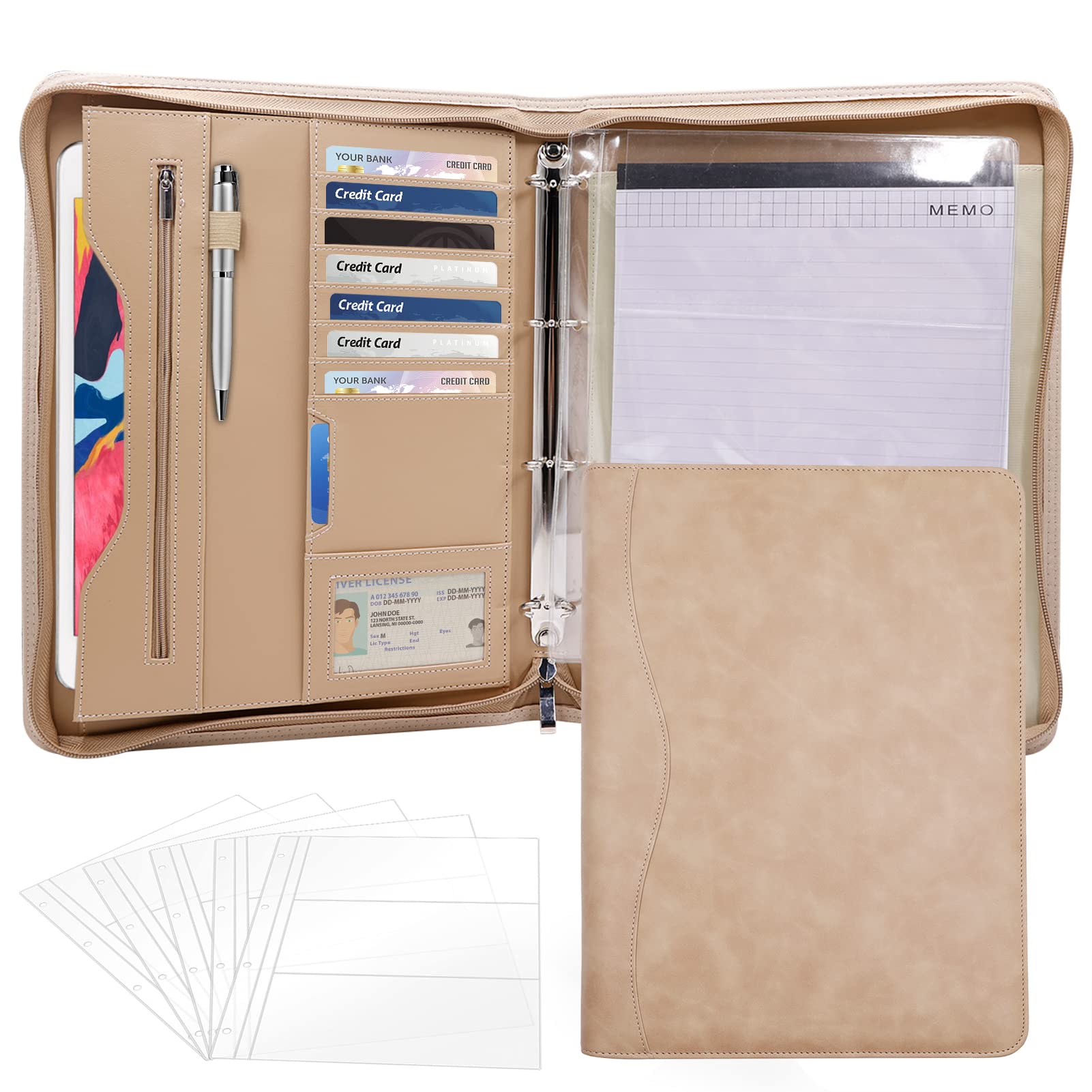Portfolio Binder-Sbrinnaliao Padfolio Organizer Business Planner & Notebook Organizer-Anello rimovibile Blocco Notepad Scrittura, Raccoglitori con cerniera per uomini e donne (kaki)