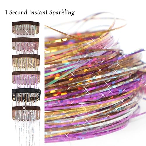 Miniatura 2 de Kit de oropel de cabello con clip de 23.6 pulgadas, resistente al calor, extensiones de cabello de oropel con purpurina, accesorios para el cabello