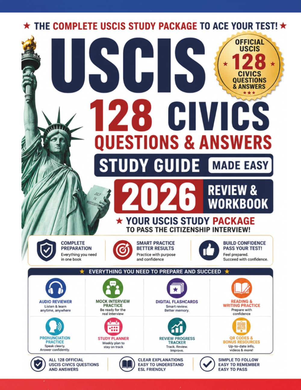 U.S. Citizenship Civics Test Review & Workbook: 2026–2027 Edition — Complete USCIS Study Package with Audio Reviewer, Digital Flashcards, Reading and ... Pronunciation Practice, and Mock Interview