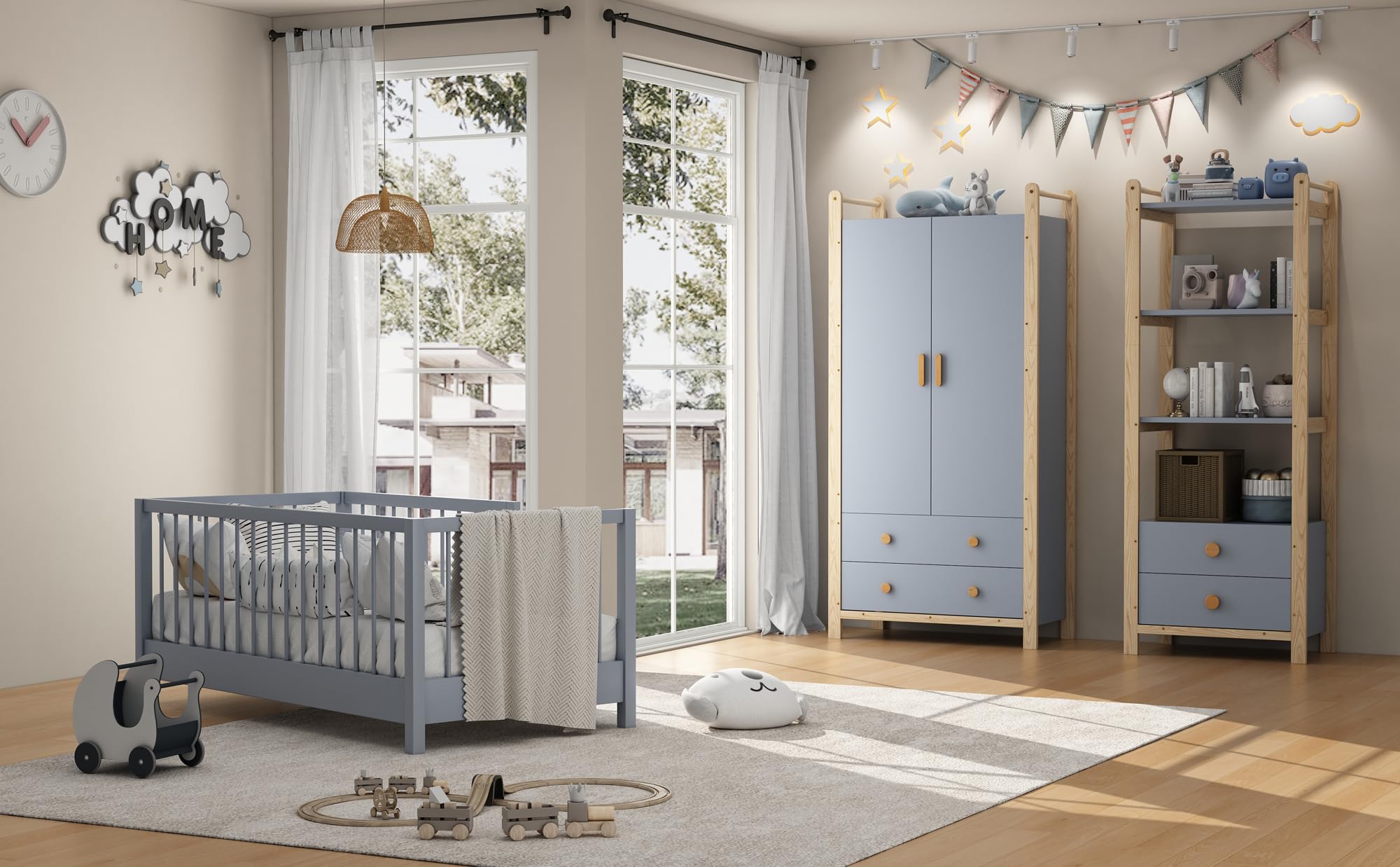 Armario para Niños con 2 Puertas y 2 Cajones 180x90x45 cm Armario Ropero de Madera con Barra para Colgar, Ropero Estrecho Moderno para Dormitorio, Salón, Perchero de Pasillo, Azul y Natural