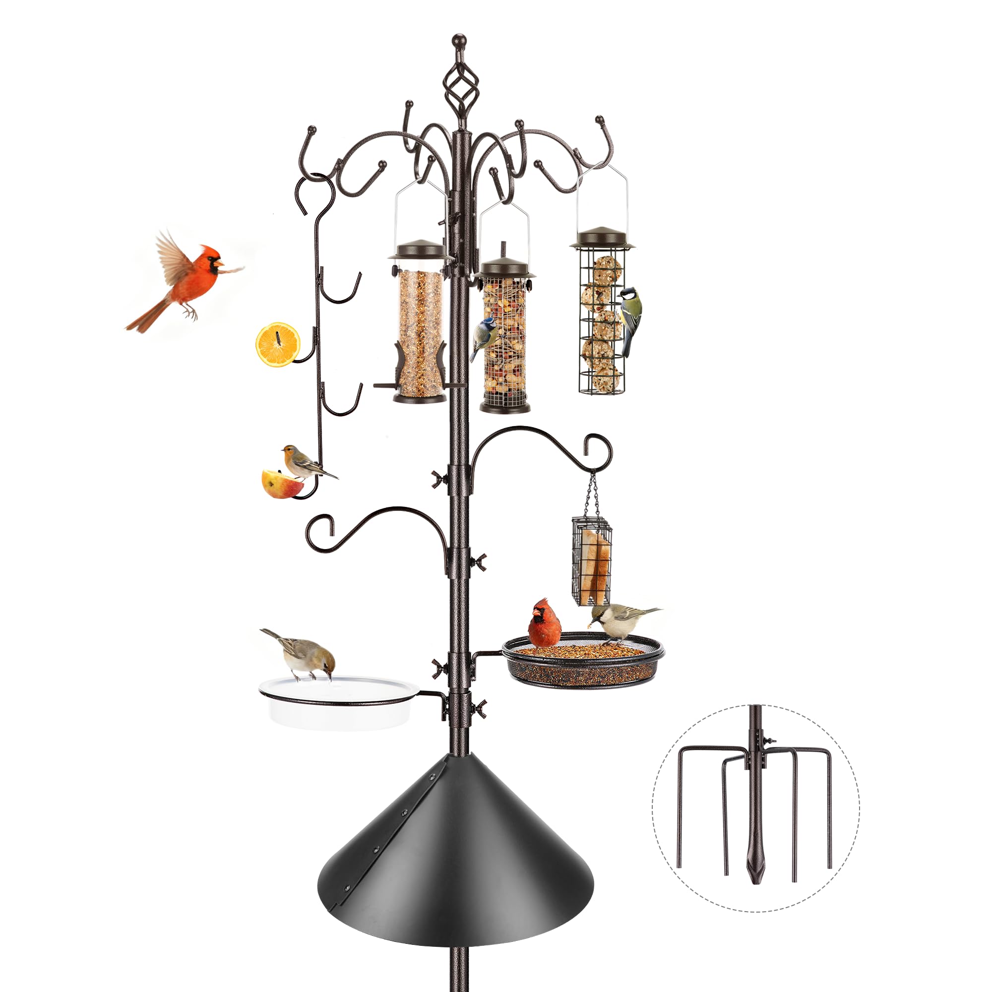 Bird Feeding Station Kit with Squirrel Baffle Bird Feeder Pole with Suet Cage Mesh Tray Fruit Hook Double W Hook for Attracting Wild Birds and Hanging