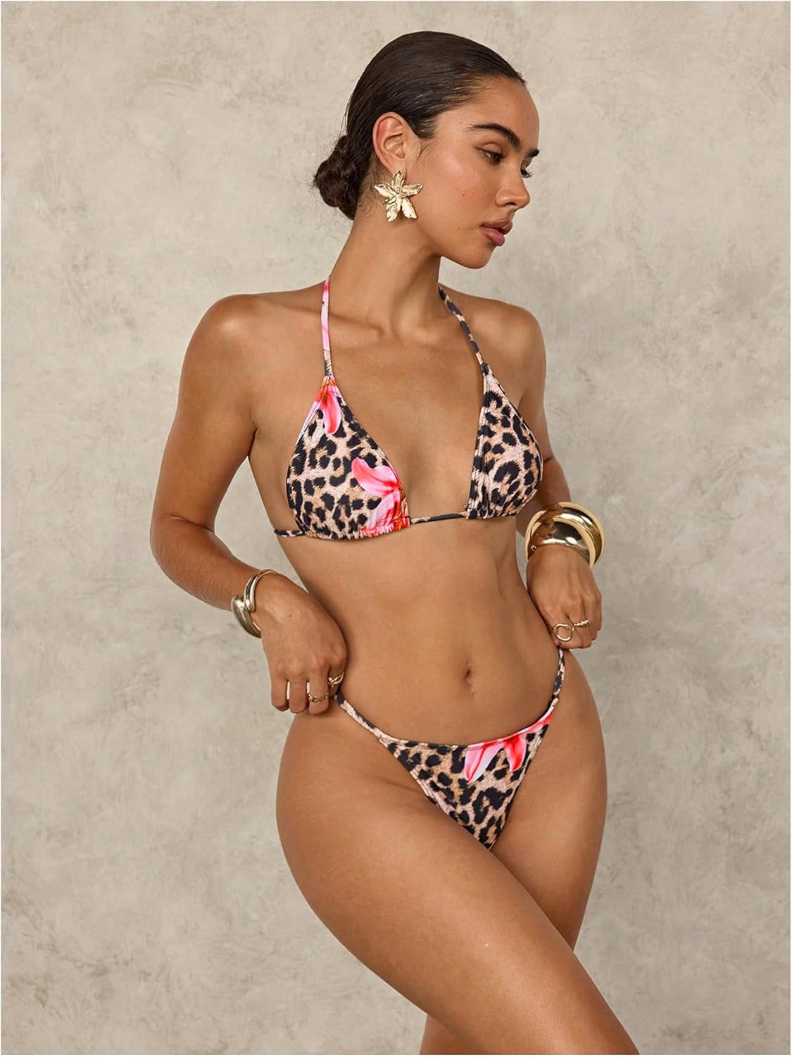 Verdusa Women's 4 Piece Cheetah Print Triangle Thong Bikini with Sheer Overlay Cheeky Swimsuit with Skirt and Bandana