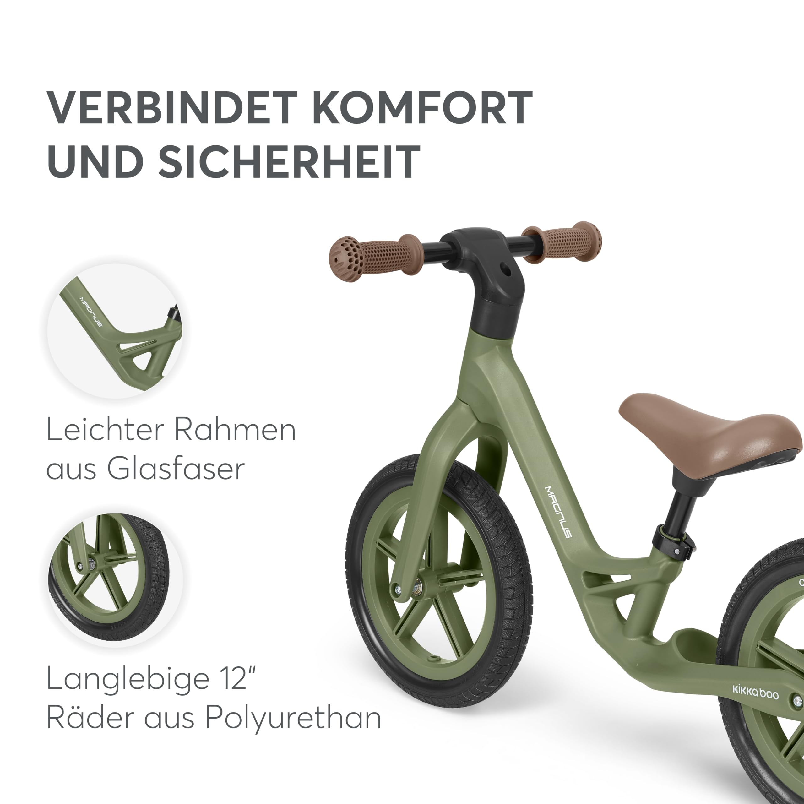 KikkaBoo Magnus Laufrad für Kinder 3–6 Jahre, Leichter Fiberglas Rahmen, Verstellbarer Sitz, rutschfeste Griffe, Robuste PU Räder