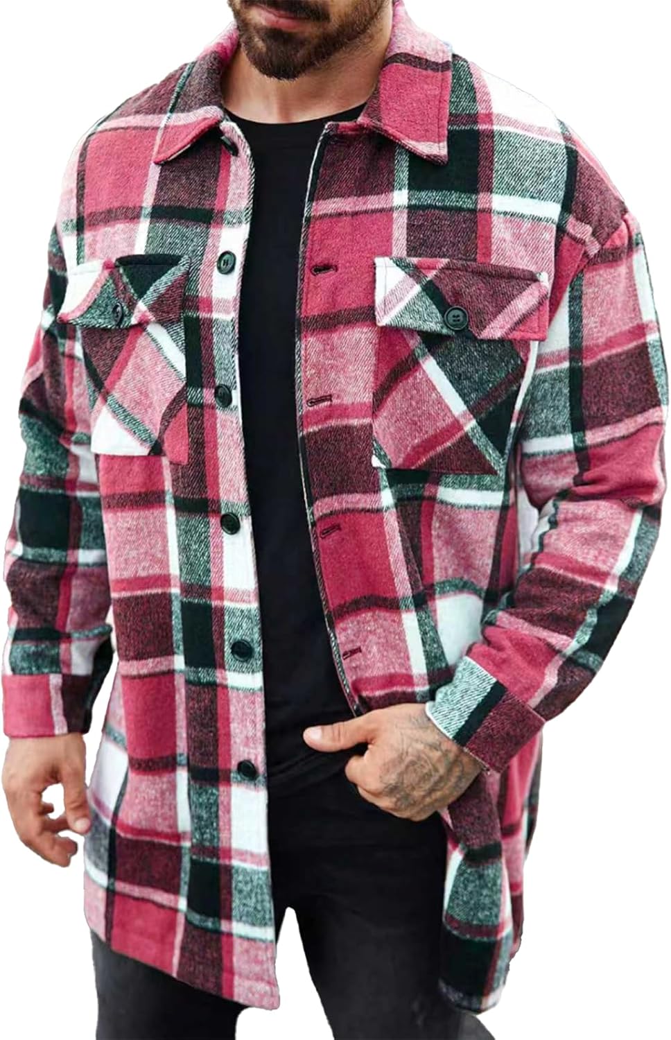 Plaid Mens Jacket Big and Tall Button-Front Fleece with Double Pocket Warm Comfy Fa...