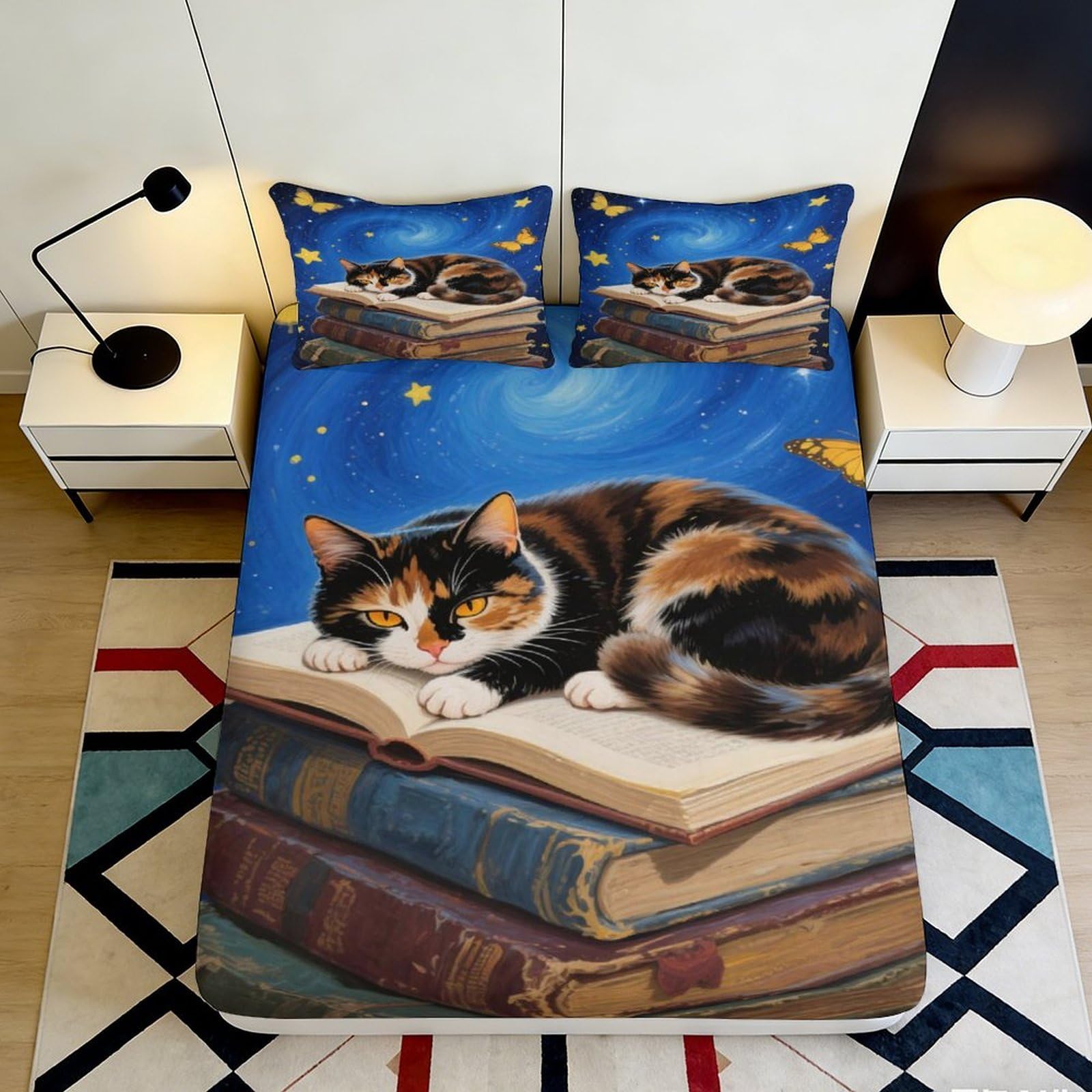 3D Printed Cat Theme Microfiber Fitted Sheet Deep Pocket Elastic Hem for Bedroom, Cat Mattress Fitted Cover Washable 140x200x25cm