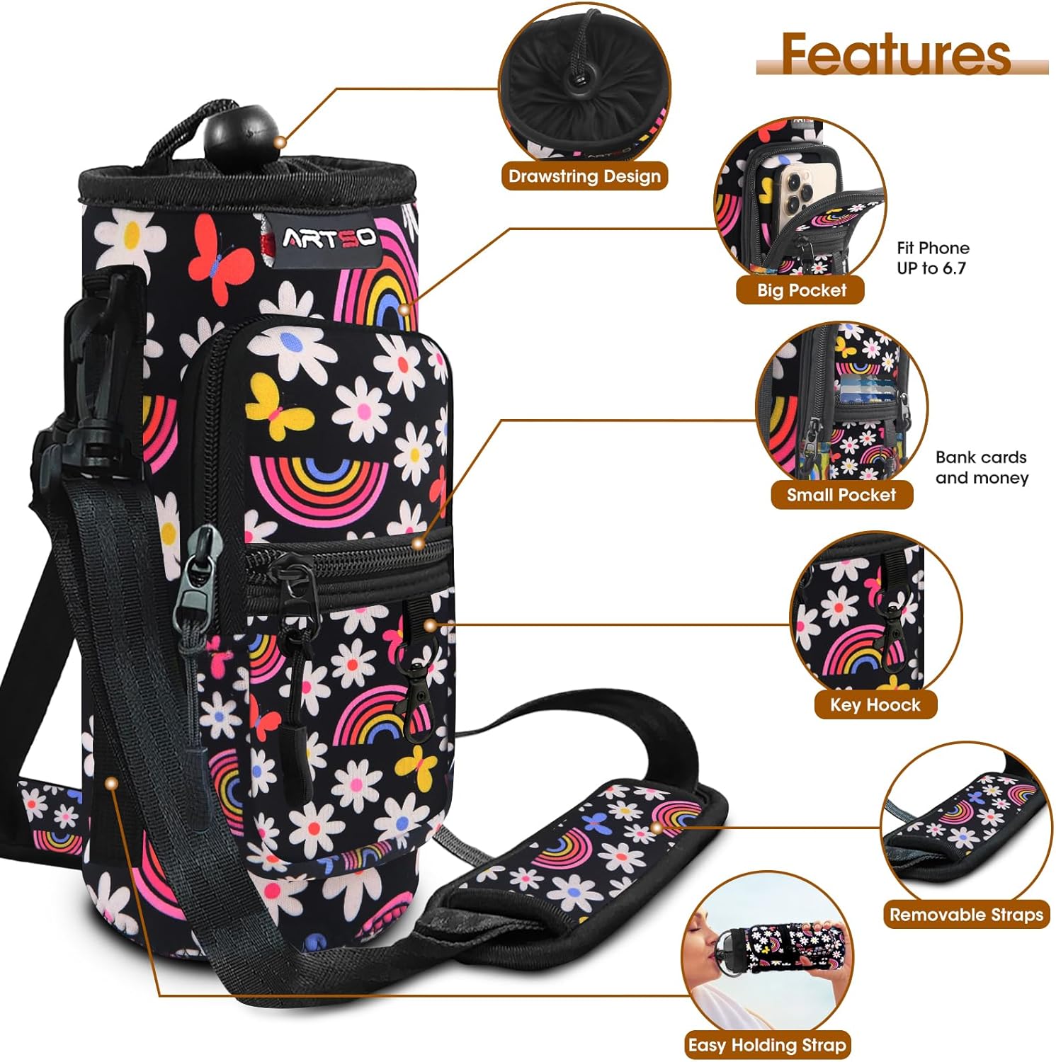 ARTSO Water Bottle Carrier Bag with Phone Pocket, Neoprene Sleeve Water Bottle Holder Sling Bag Pouch with Adjustable Strap 25/32/40/64 oz for Walking Hiking Camping Gym(32oz, Black Rainbow Flowers) - Image 2