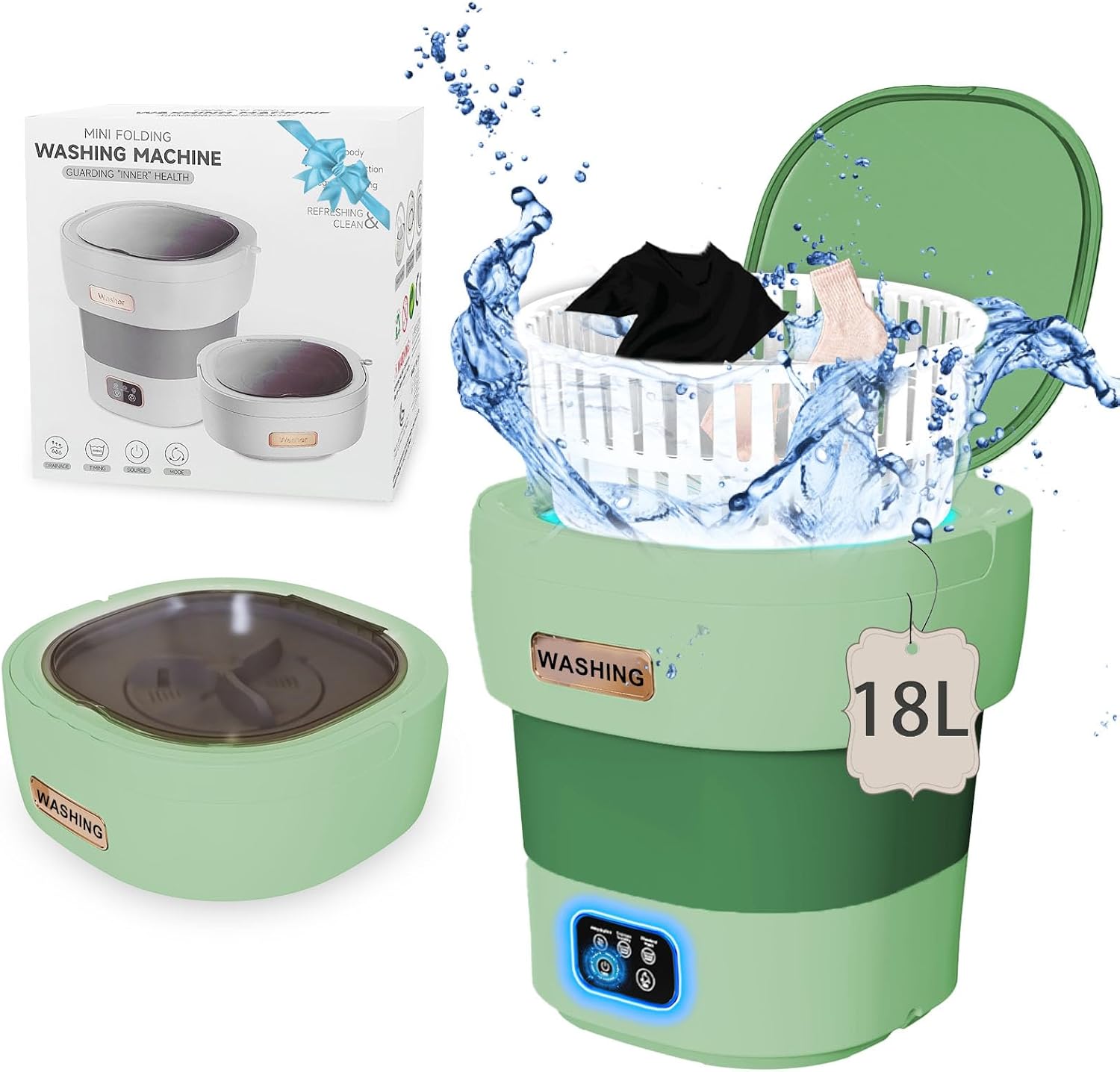 Portable Mini Washing Machine, 18L Small Underwear Washing Machine with Spin, Foldable Washer Laundry and Dryer Combo for Apartments, Camping, Travel (Green)