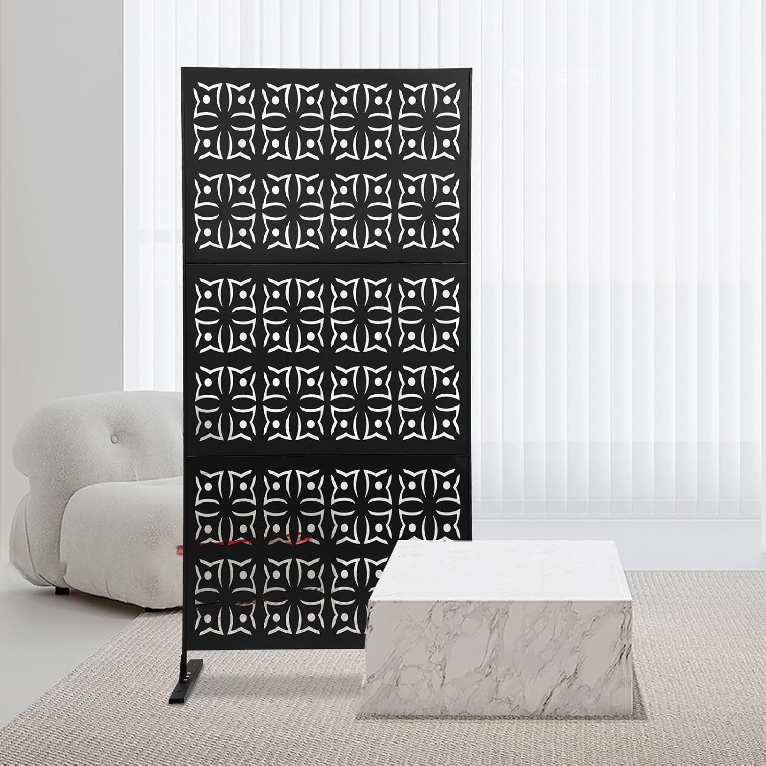 Outdoor Privacy Screen, 75" H x 35" W Metal Patio Privacy Screen with Stand, 3 Panels Freestanding Privacy Fence for Patio, Garden, Indoor (Black Floral Pattern)