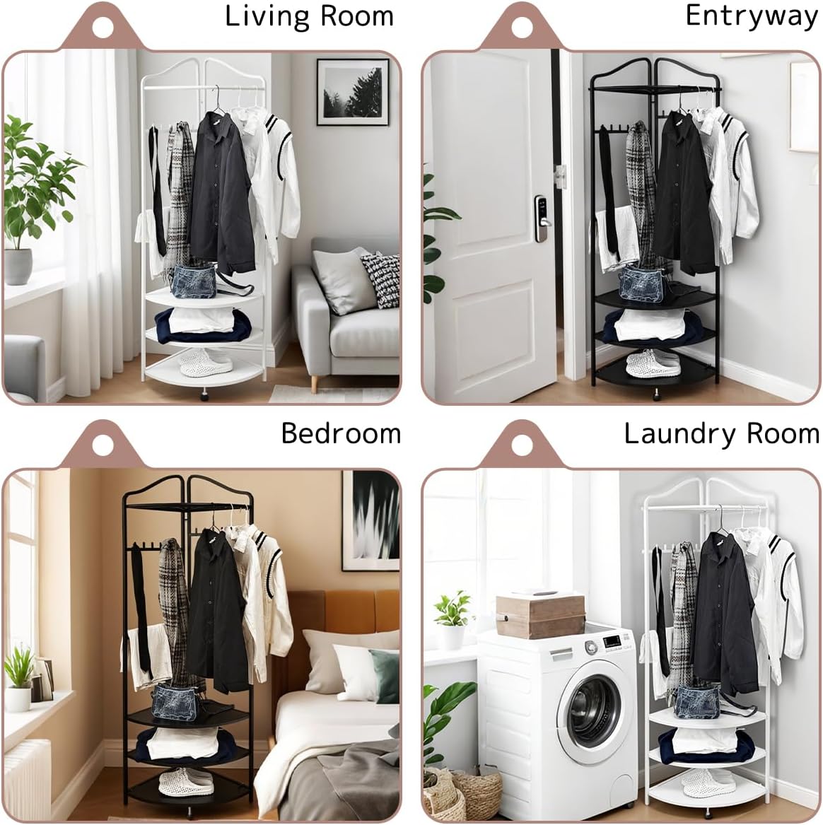 lumizone Corner Clothes & Coat Rack with Shelves for Small Spaces - Foldable 3-Tier Corner Shelves, Freestanding Clothing Wardrobe Closet for Bedroom/Closet/Dorm, 88lb Storage