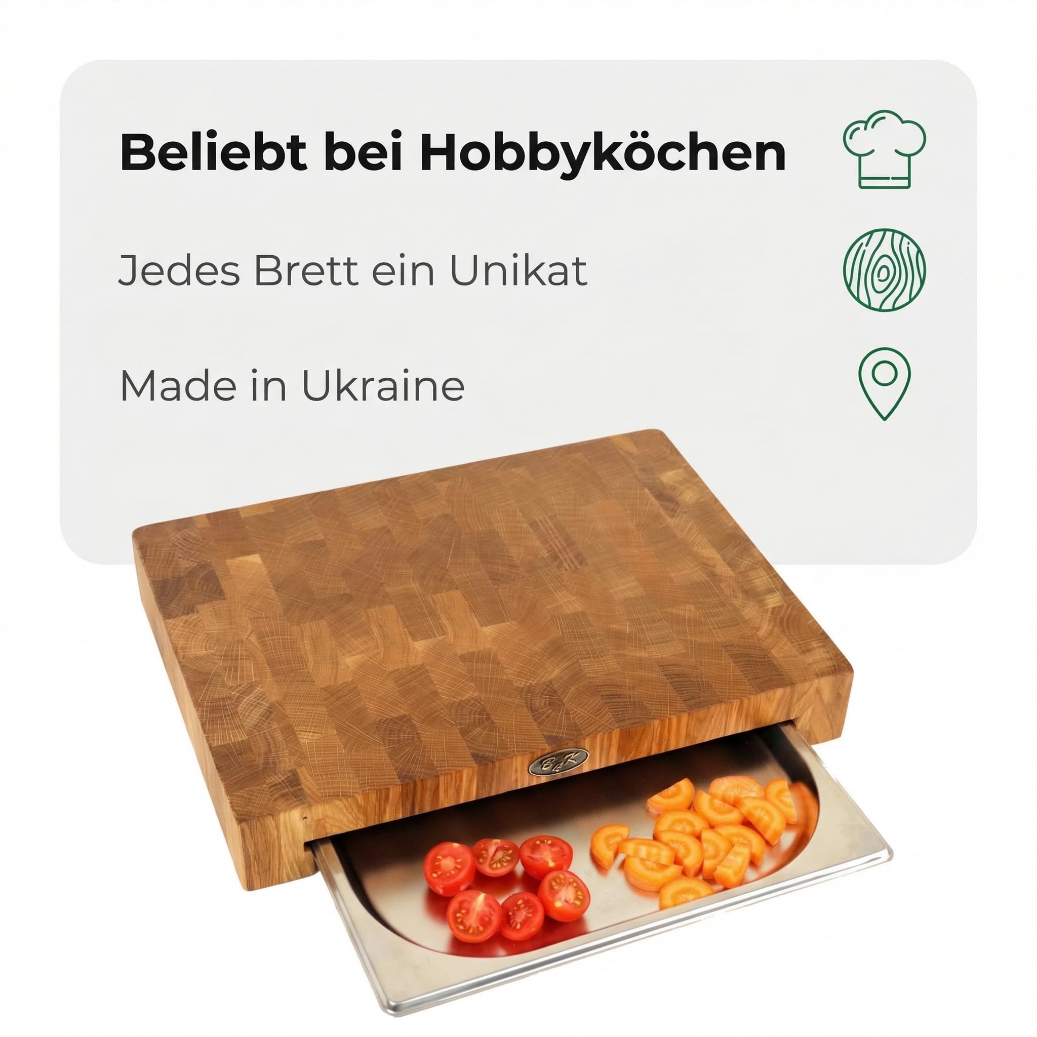 B4K® Stirnholz Schneidebrett Eiche 40×30×6 cm mit Auffangschale | Massiver Hirnholz Hackblock, Mit Auffangschale & Silikonfüßen, Antibakterielles Holz, Für Fleisch, Brot, Gemüse