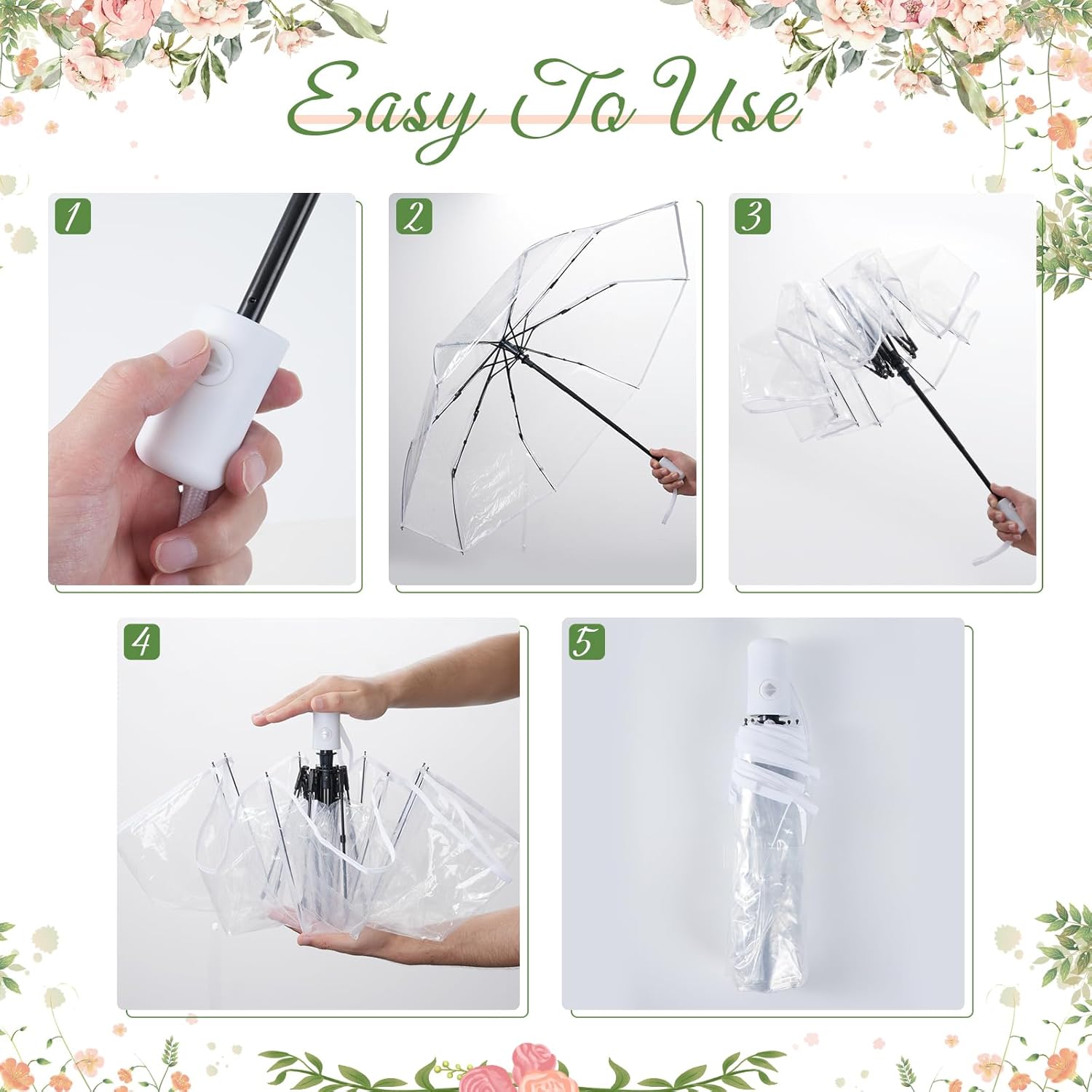 12 Pcs Full Automatic Clear Umbrella Wedding, Foldable Auto Open Close Clear Umbrella Bulk with Wedding Thank You Cards for Rain Wedding Anniversary Party Favors