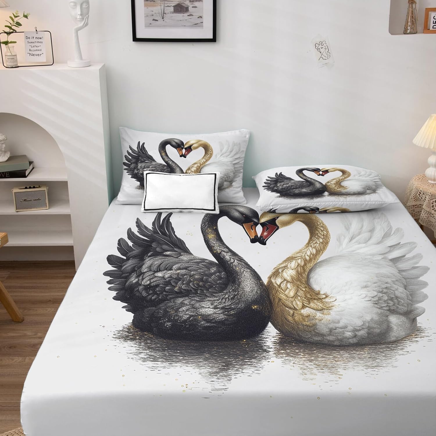 Swans Couple Sheets Twin Size, Wild Animals Bed Sheets & Pillowcases 3 Piece Set, Deep Pocket Fitted Sheet & Flat Sheet & Pillowcase, Soft Wrinkle Free Decorative Bedding