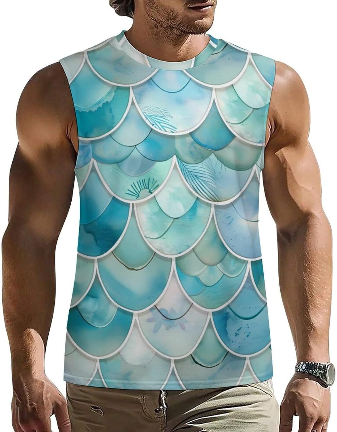 Me-rmaides Fish Scales Men Summer Sleeveless Crew Neck Top 5XL