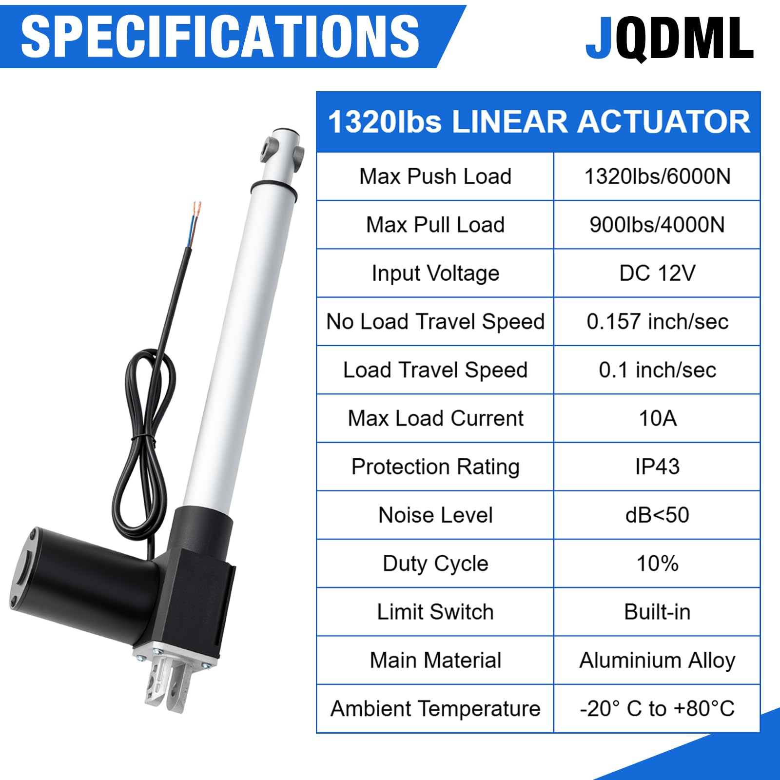 JQDML Linearantrieb, 6000 N, 12 V, 900 mm langer Hub, robuster elektrischer Stellantrieb, Geschwindigkeit 4 mm/s, mit Halterungen, für Massagebett, Tischheber, Fensteröffner, Türöffner