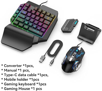 One-handed Gaming Keyboard and Mouse Combo Set, USB Wired Gaming Mouse, Wireless 5.0 Converter Adapter, Half Keyboard Sound with 35 Keys LED Backlit for Crisp Mechanical Experience, PUBG Mobile Gaming Adapter