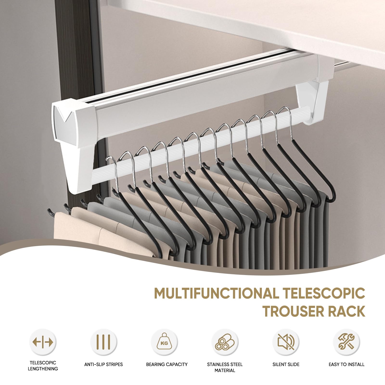 Porte Pantalon Coulissant,Tringle Coulissante Penderie 25-61 cm,Penderie Coulissante Idéal pour Les Petits Les Placards et Les Zones de Rangement,Organiser Les VêTements et Les Pantalons (56CM)