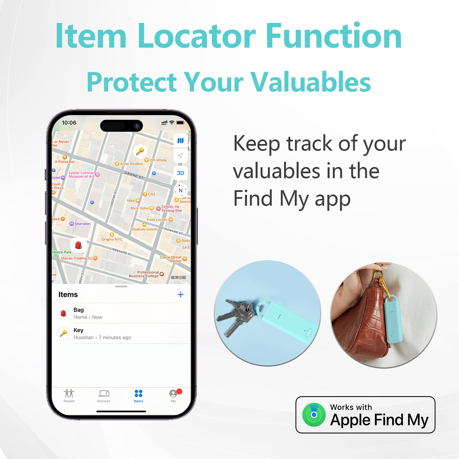 Allarme personale, portachiavi di sicurezza da 130 dB, compatibile con Apple Find My App (solo iOS, Android non supportato), localizzatore Bluetooth e cercatore remoto, torcia LED e luci