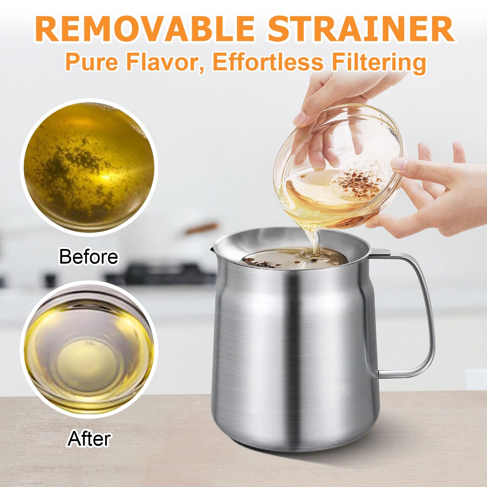Pot de filtre à huile en acier inoxydable 304 avec panier filtrant et maille, friture et graisse de cuisson pour cuisinière à gaz et cuisinière en céramique (2 L)