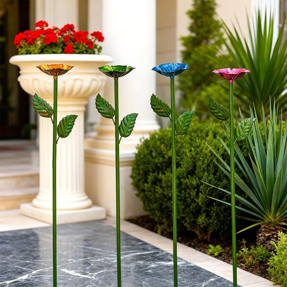 Confezione da 4 paletti in metallo per mangiatoie per fiori, in ferro resistente alla ruggine, con supporti a forma di fiore, per uso esterno, alimentazione per uccelli e api (quattro