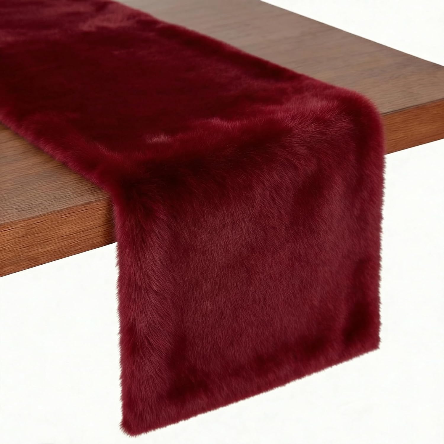 duduta Burgundy Faux Fur Table Runner 72 inches Long, Fluffy Dresser Runner Covers Holiday Wedding Home Decor