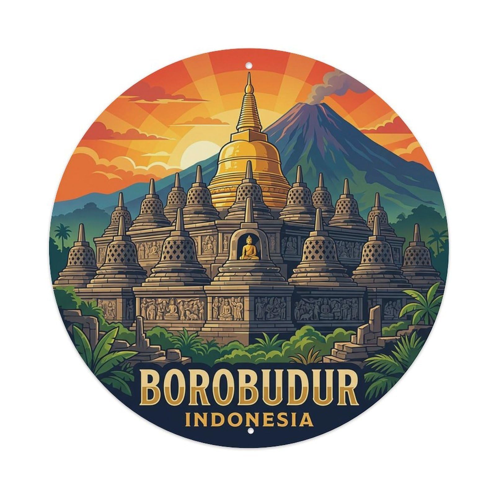 Vintage Travel Indonesia Borobudur Vintage Metal Tin Sign Plaque Wall Decor for Cafe, Club Bar, Office, Garden Metal Poster 8x8Inch