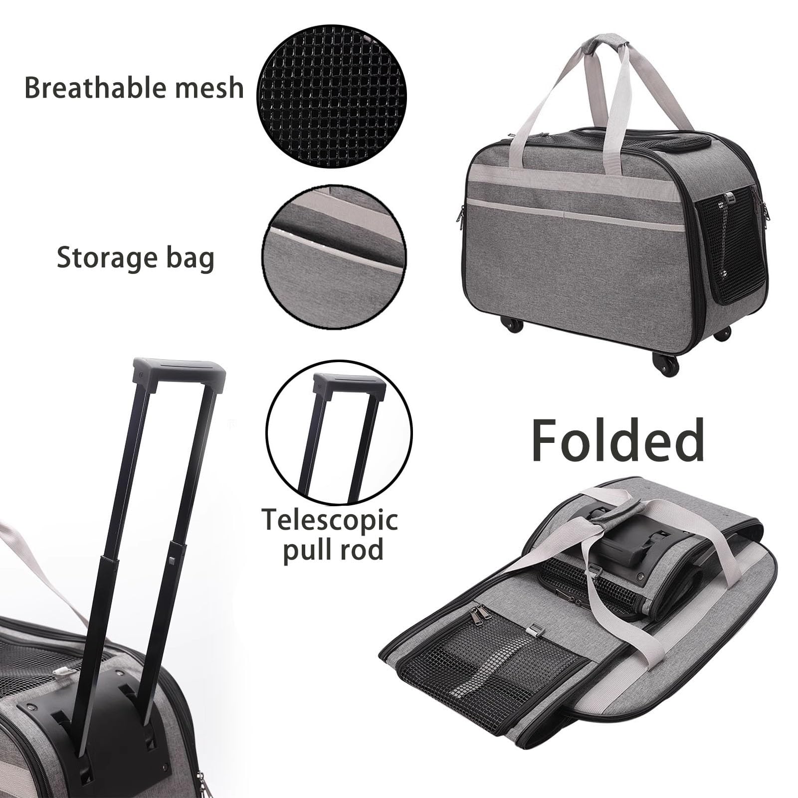 Mochila de Viaje para Mascotas con Asa Telescópica, Transportador de Viaje para Mascotas con Ruedas, Mochila para Gatos y Perros Pequeños de Viaje