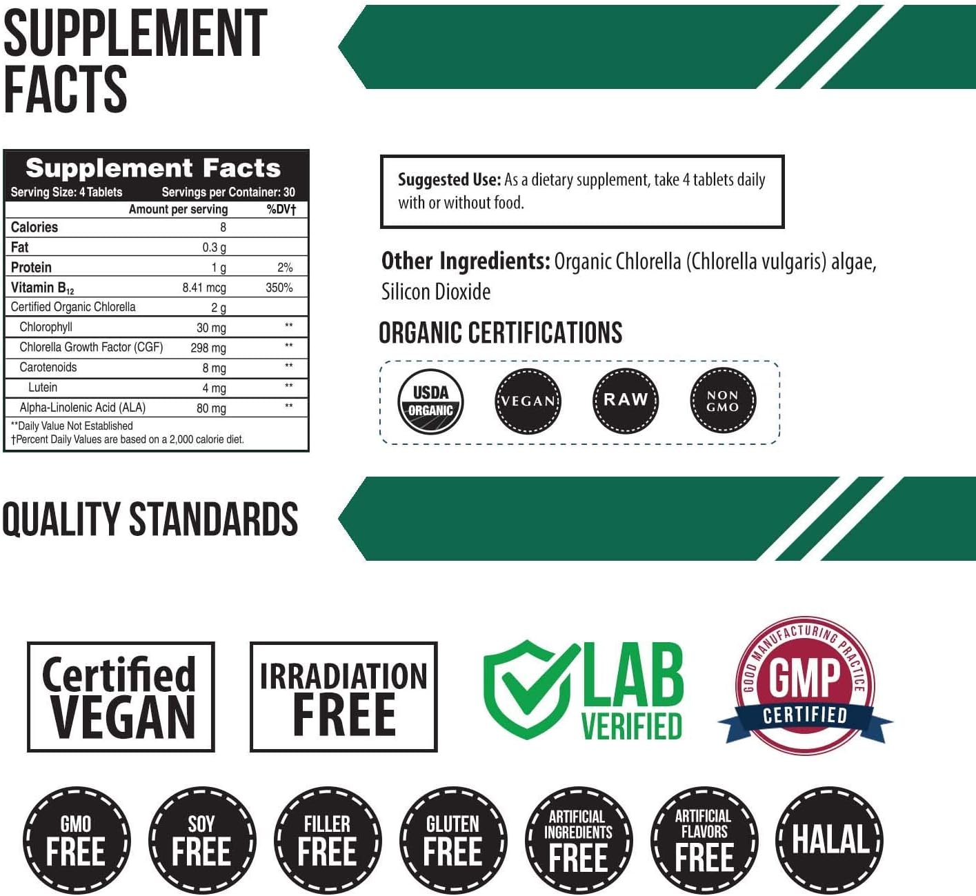 Organic Chlorella: 4 Organic Certifications - Broken Cell Wall Form, Blue Green Algae - Raw, Sun-Grown, Non-Irradiated, Compliments Spirulina (120 Tablets) : Health & Household