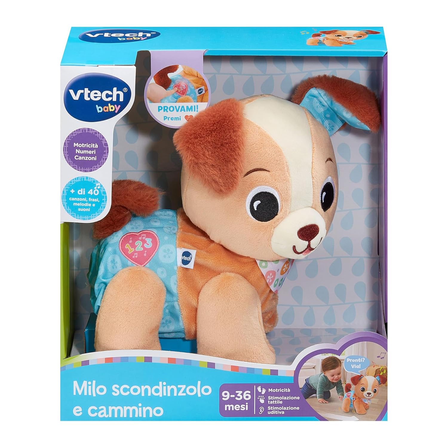 VTech Milo Scodinzolo e Cammino, Peluche Interattivo con 3 Canzoni e 15 Melodie, Coda che si Muove, Sviluppo Sensoriale, Spegnimento Automatico, Lingua Italiana, Batterie Incluse, 9-36 Mesi