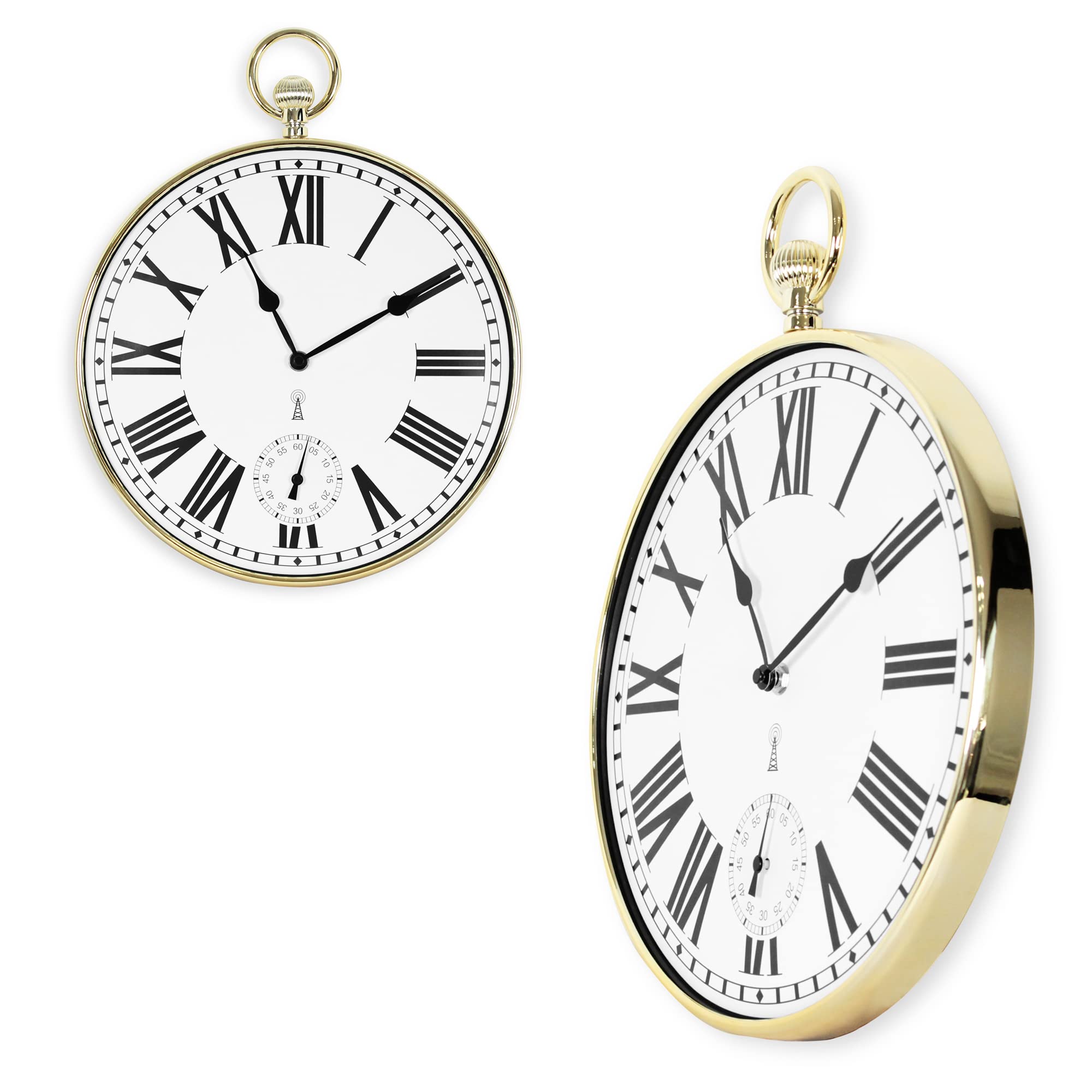 Design Wanduhr - Style Taschenuhr Vintage - Große römische Zahlen - Leicht lesbar - Funkgesteuert - Ø 30 cm - Für Küche, Wohnzimmer, Schlafzimmer - Vergoldet