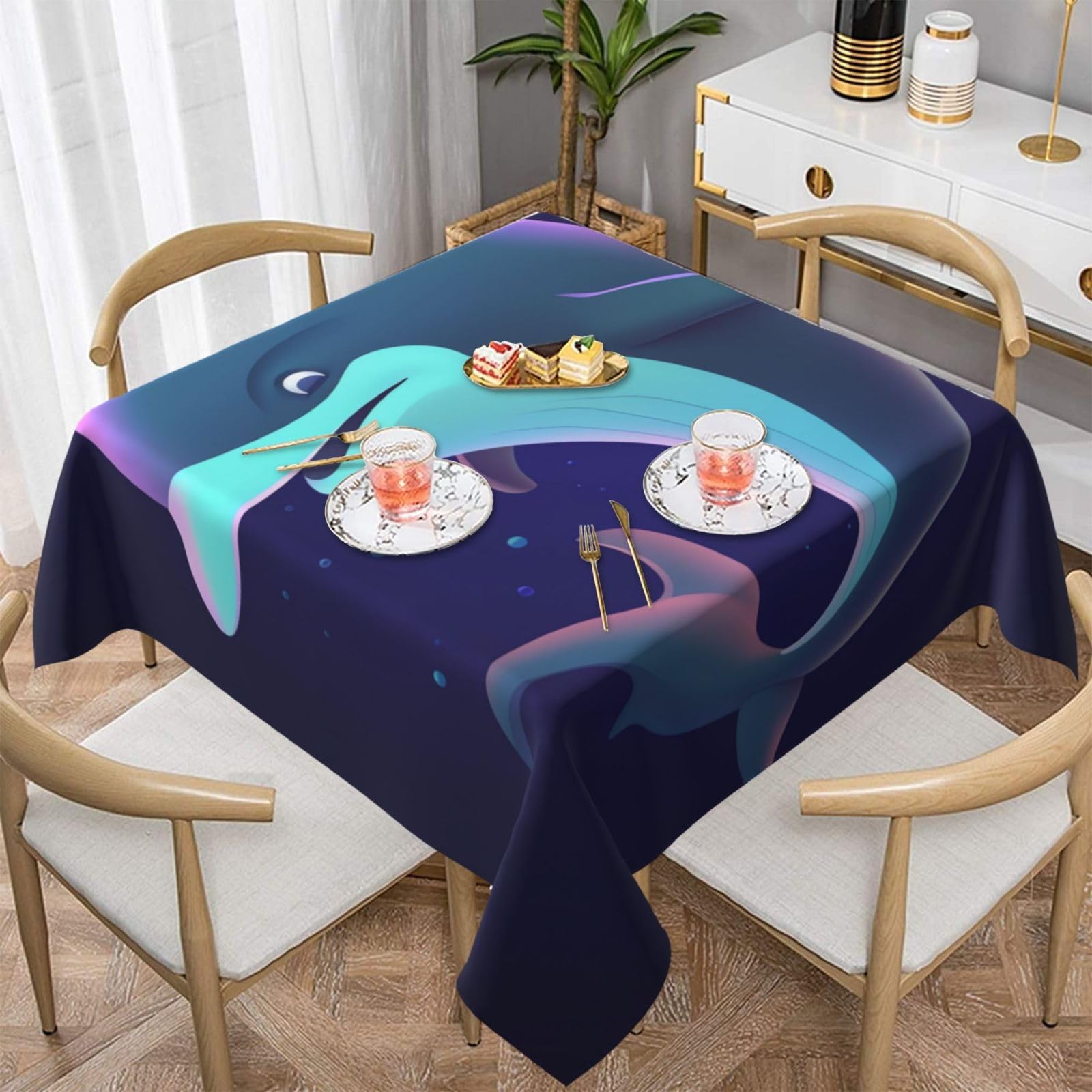 Nappe imprimée dauphin carrée 137x137 cm imperméable et anti-poussière pour table de cuisine