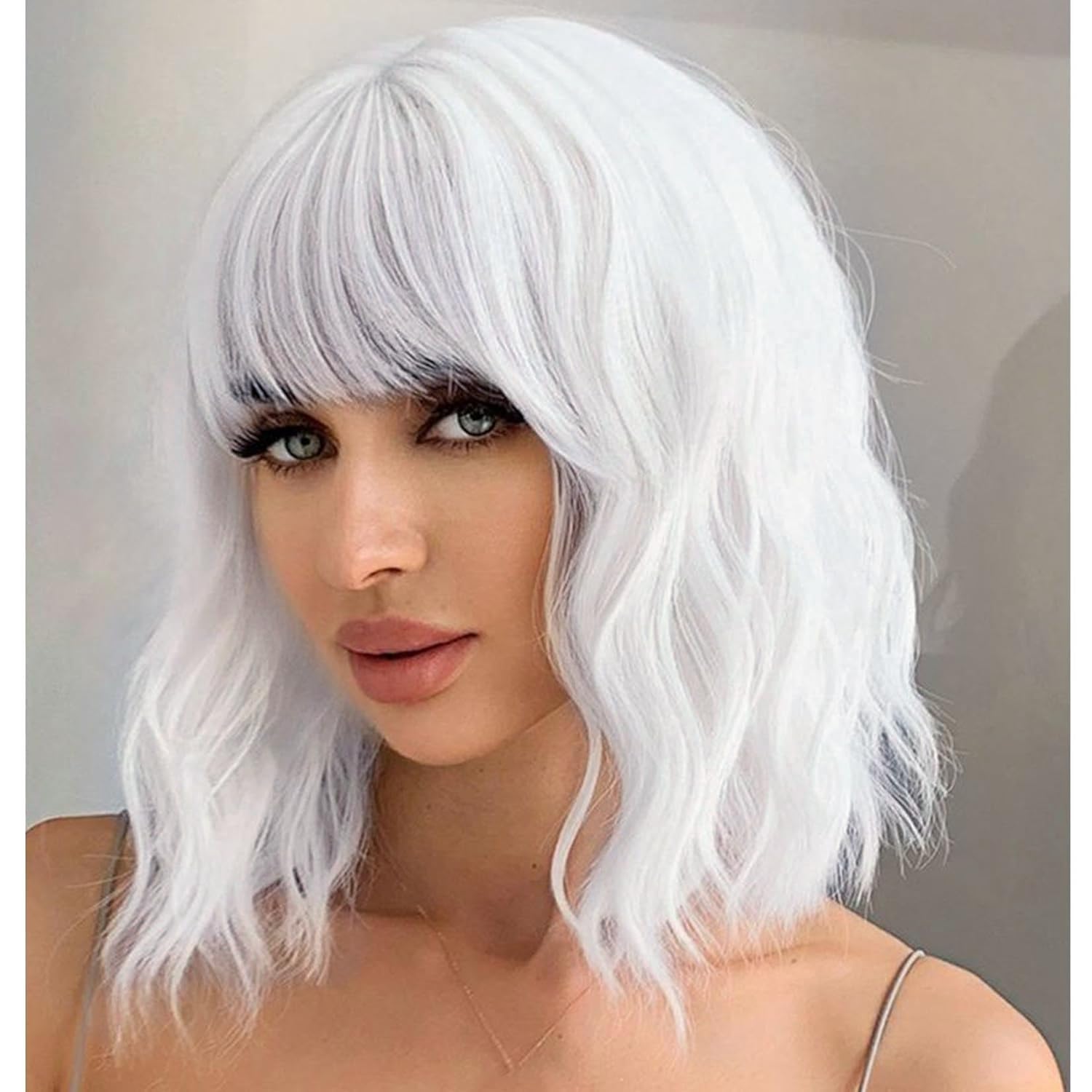 PORSMEER Short White Wig Pastel Wavy Bob Wig with Fringe Natural Looking Synthetic Hair Wigs for Women Girls Party Or Daily Wear 10inch,white