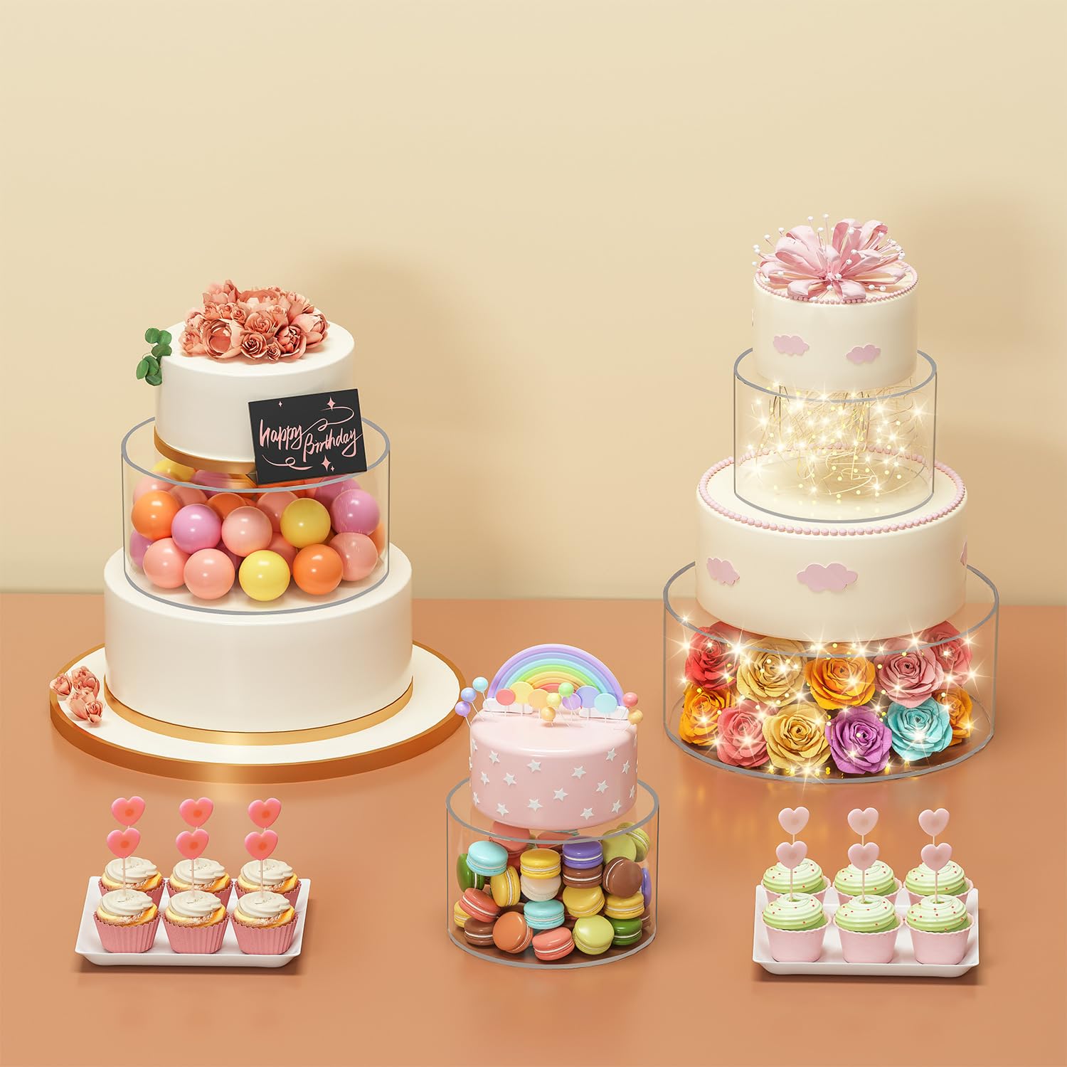Soporte para tartas rellenable de acrílico, apilable, 3 unidades, caja de presentación de postres, decoración LED, transparente, para cumpleaños, bodas y fiestas (transparente con tapa)