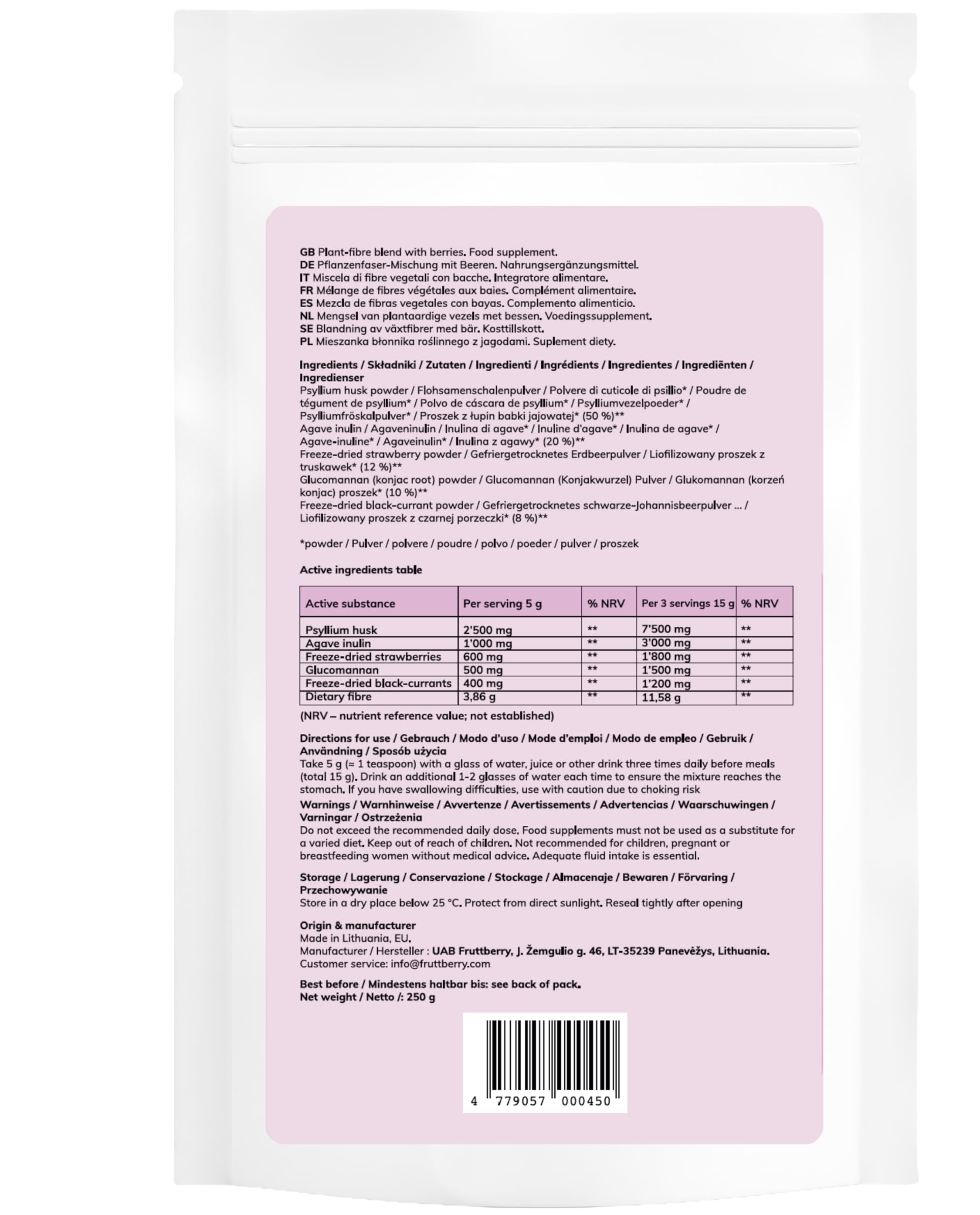 Ballaststoff-Mischung mit Beeren, Pulver – Flohsamenschalen, Agaveninulin & Glucomannan – Erdbeere & Schwarze Johannisbeere – 250 g (50 Portionen)
