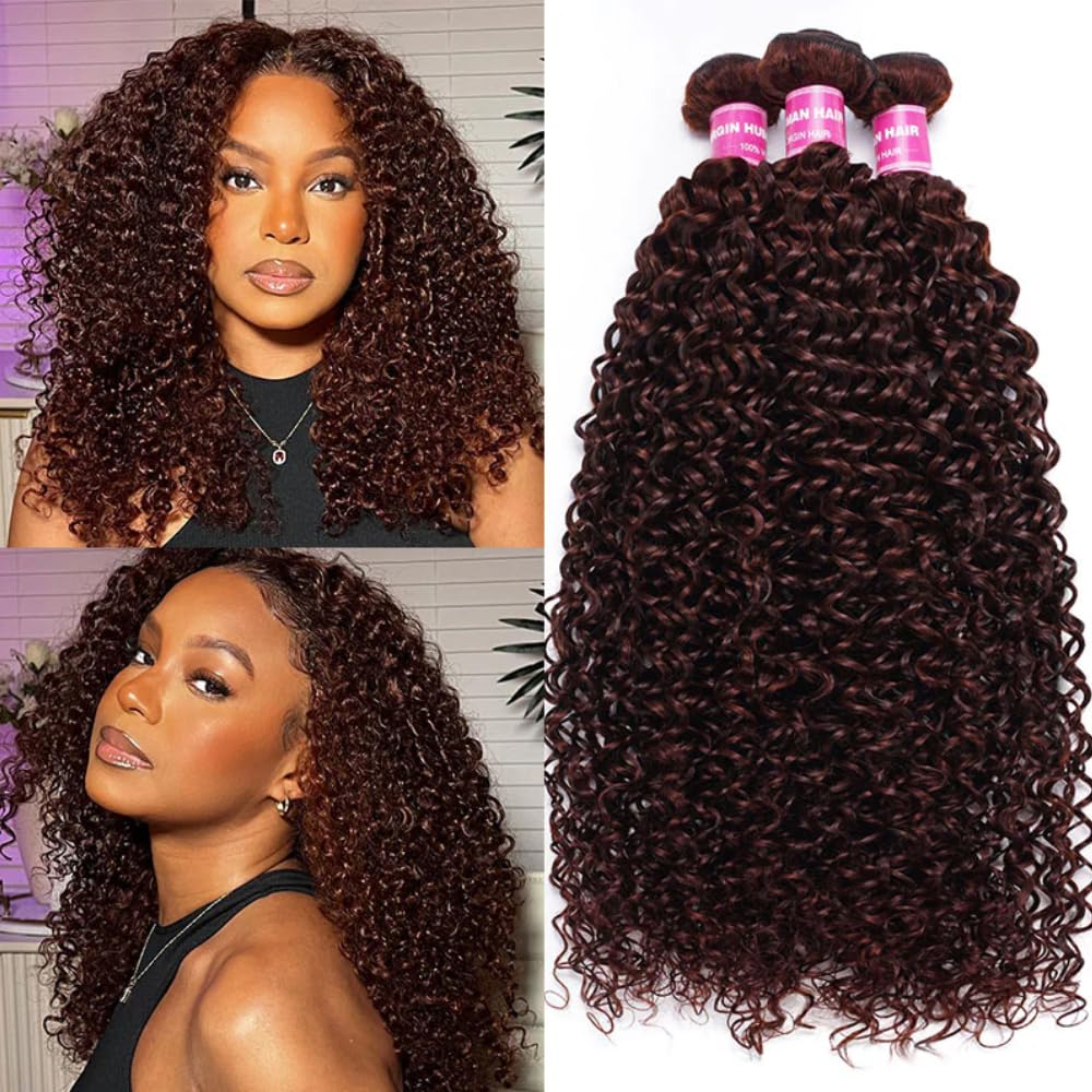 KLAIYI 10A Reddish Brown Curly 3 Bundles Human Hair Weaves 18 18 18Inch, Brazilian 100% Unprocessed Virgin Hair Auburn Brown Copper Red Jerry Curly