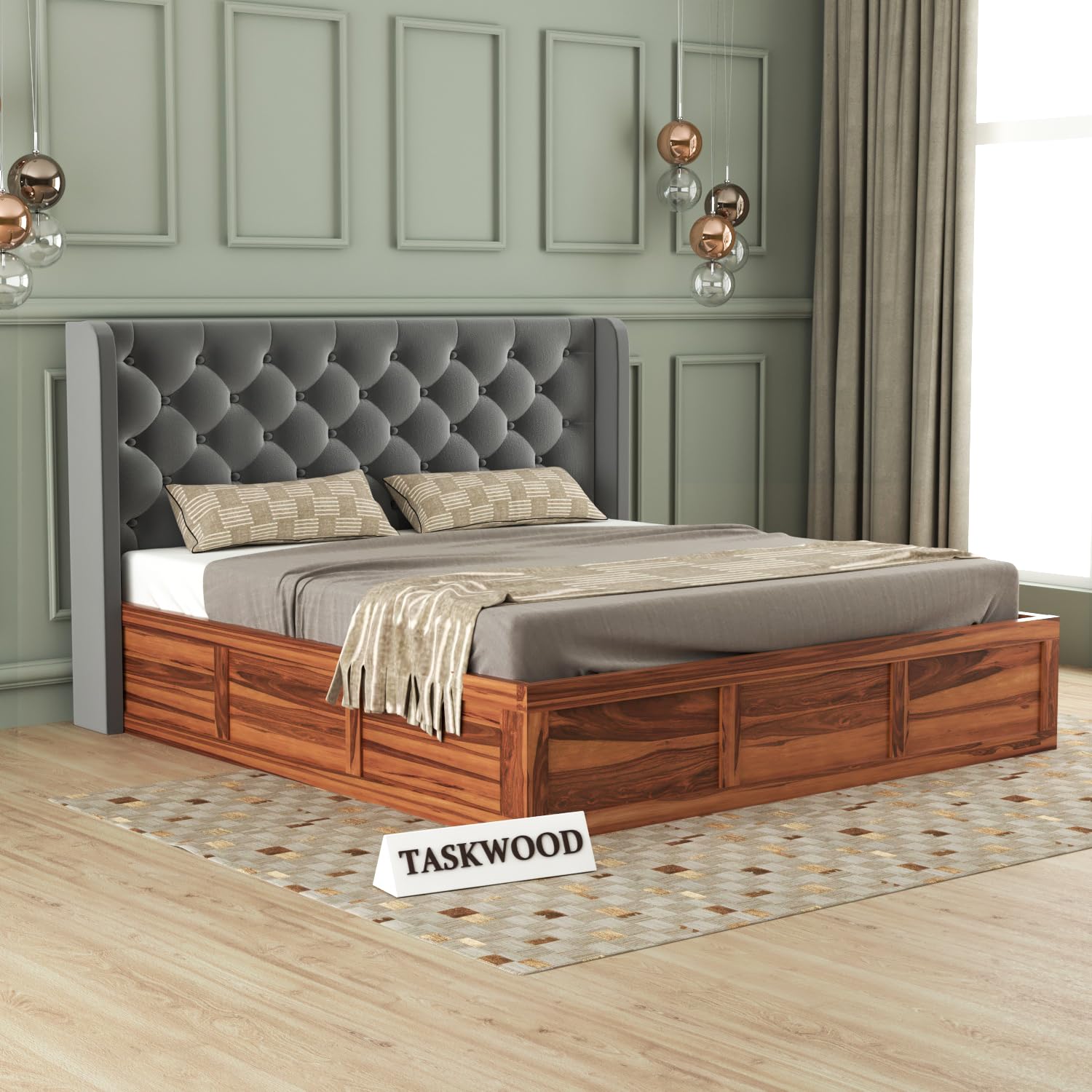 ROSLER WOODWORK Solid Sheesham Wood King Size Bed with Storage | Wooden Double Bed Cot Bed with Box Storage & Velvet Upholstered Cushioned Headboard for Bedroom (Honey C, King)-image-48