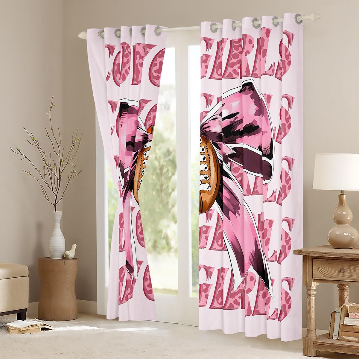 Homewish Różowe zasłony zaciemniające z kokardą, 117 x 183 cm, 2 panele do futbolu amerykańskiego, zasłony okienne dla dziewcząt, dzieci, zachodni kowboje, kokarda, wiązanie, zasłony zaciemniające
