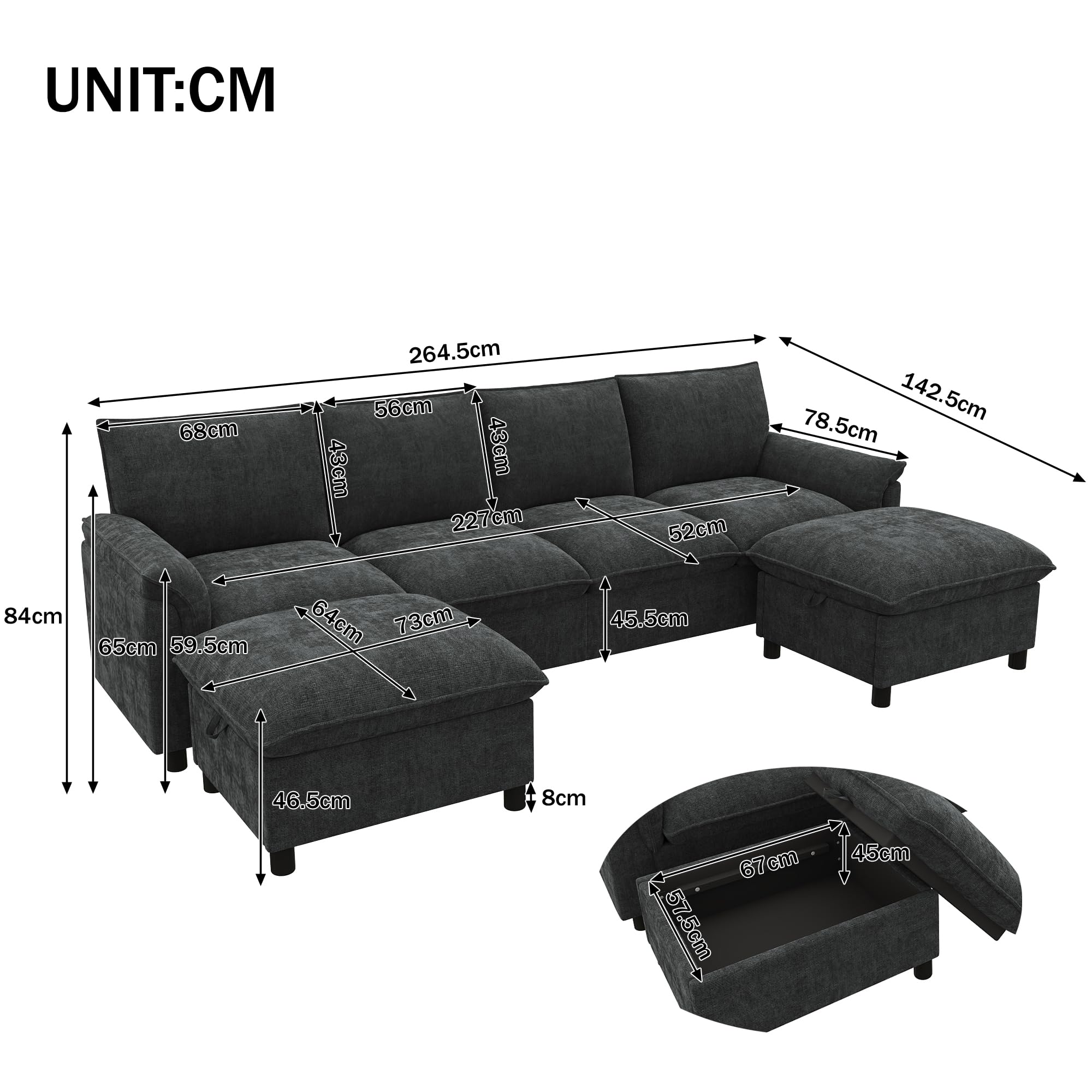 Merax Modulares Cloud-Sofa U-Form 265cm, Gemütliche Wohnlandschaft mit 2 Stauraum-Hockern, Bequemes Ecksofa mit tiefer Sitzfläche, Couch für Wohnzimmer, Grau
