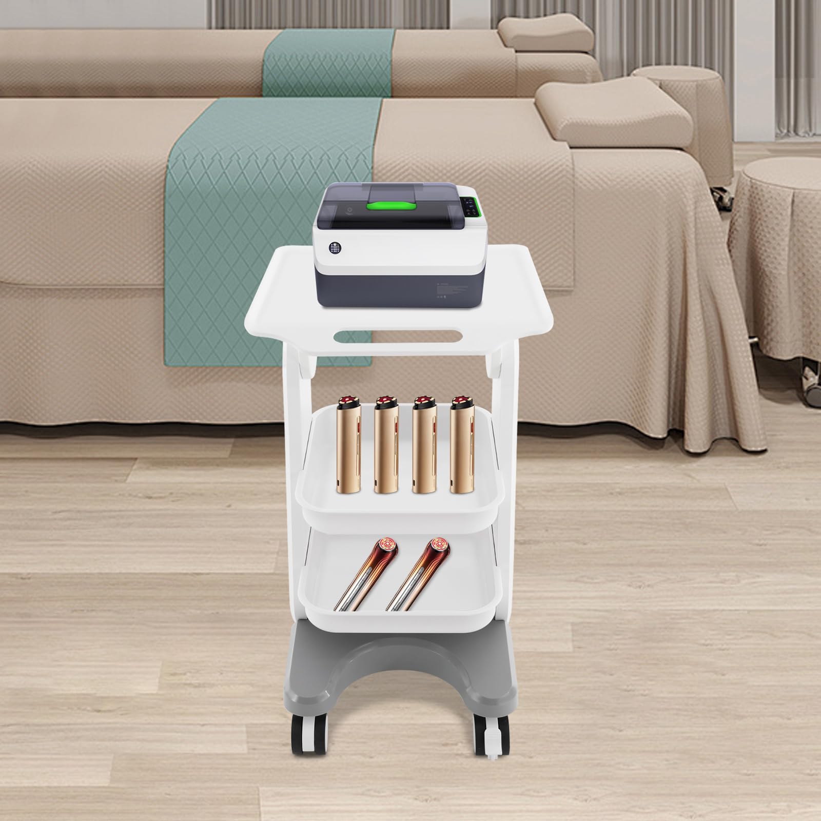 Chariot médical - Chariot de laboratoire à 3 niveaux avec 2 tiroirs - Chariot de rangement médical mobile pour hôpitaux, salons de beauté, spas (blanc vert)