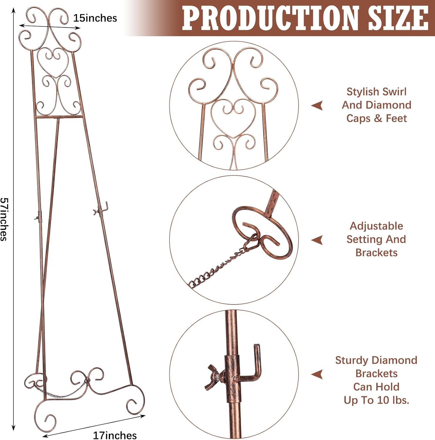 57" H Bronze Metal Scroll Easel Stand for Display Wedding Sign Poster Adjustable Portable Art Easels Poster Easel with Chain Support for Showcasing Pictures Artwork Coffee Exhibition Canvas