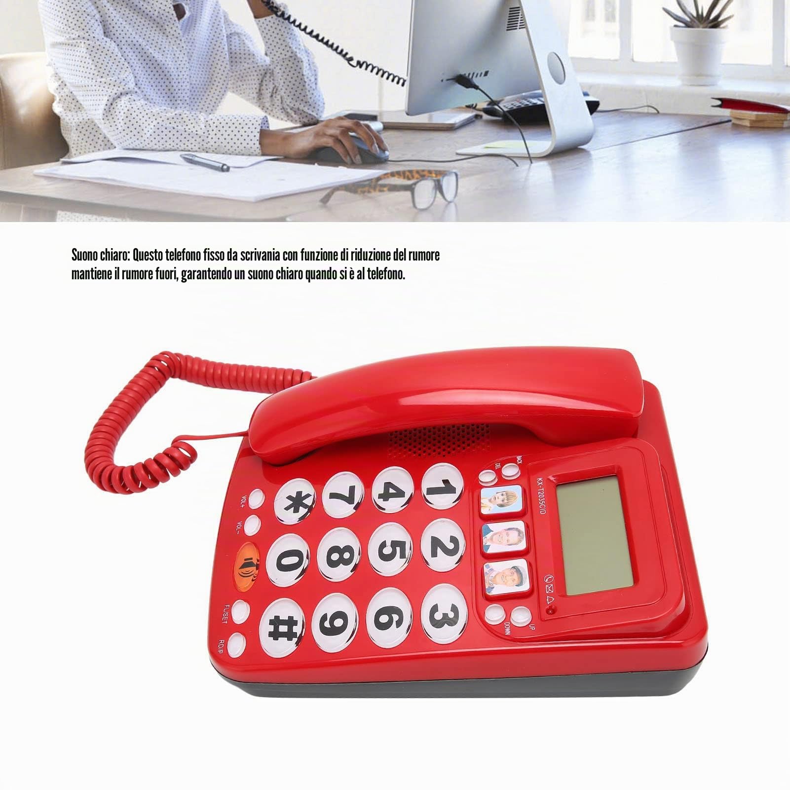 Zunate Telefono con Filo, Telefono Fisso a Pulsanti Grandi per Anziani, Composizione One-Touch per Bambini Non Vedenti Anziani, Telefono Interno a Doppia Porta per Casa, Hotel, Ufficio, Volume(Rosso)